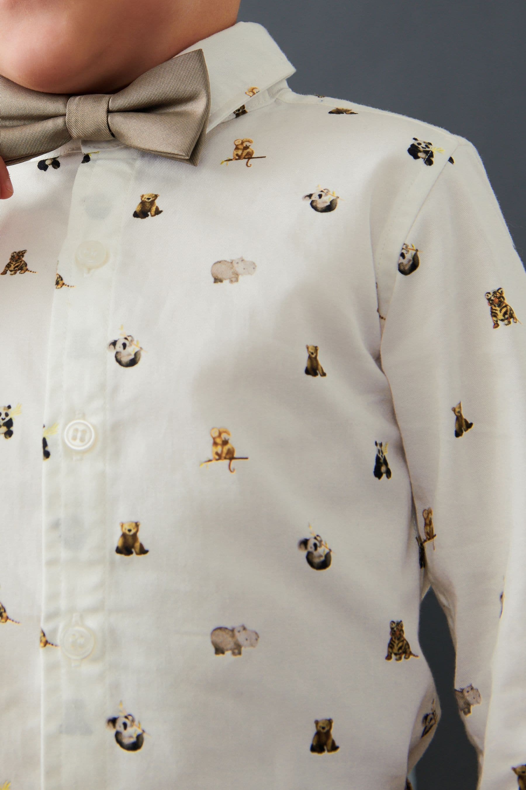 White Smart Print Shirt With Bow Tie (3mths-7yrs)