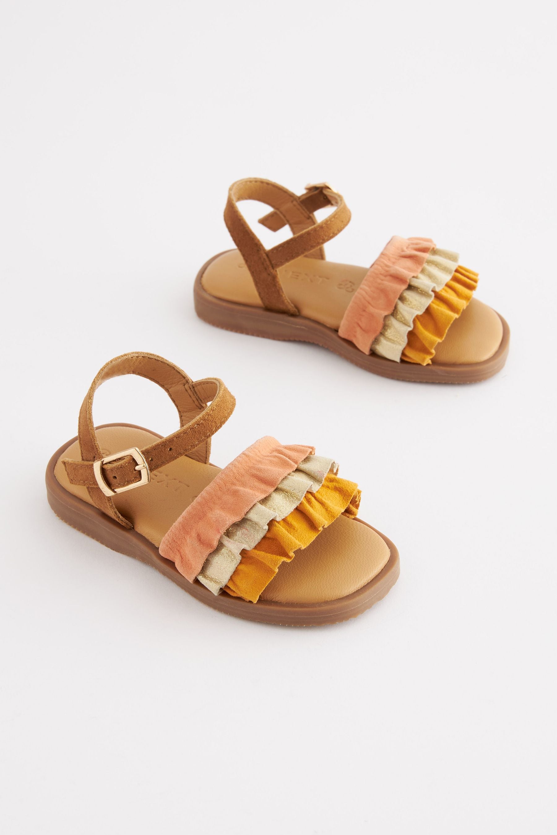 Orange/Tan Brown Leather Ruffle Sandals