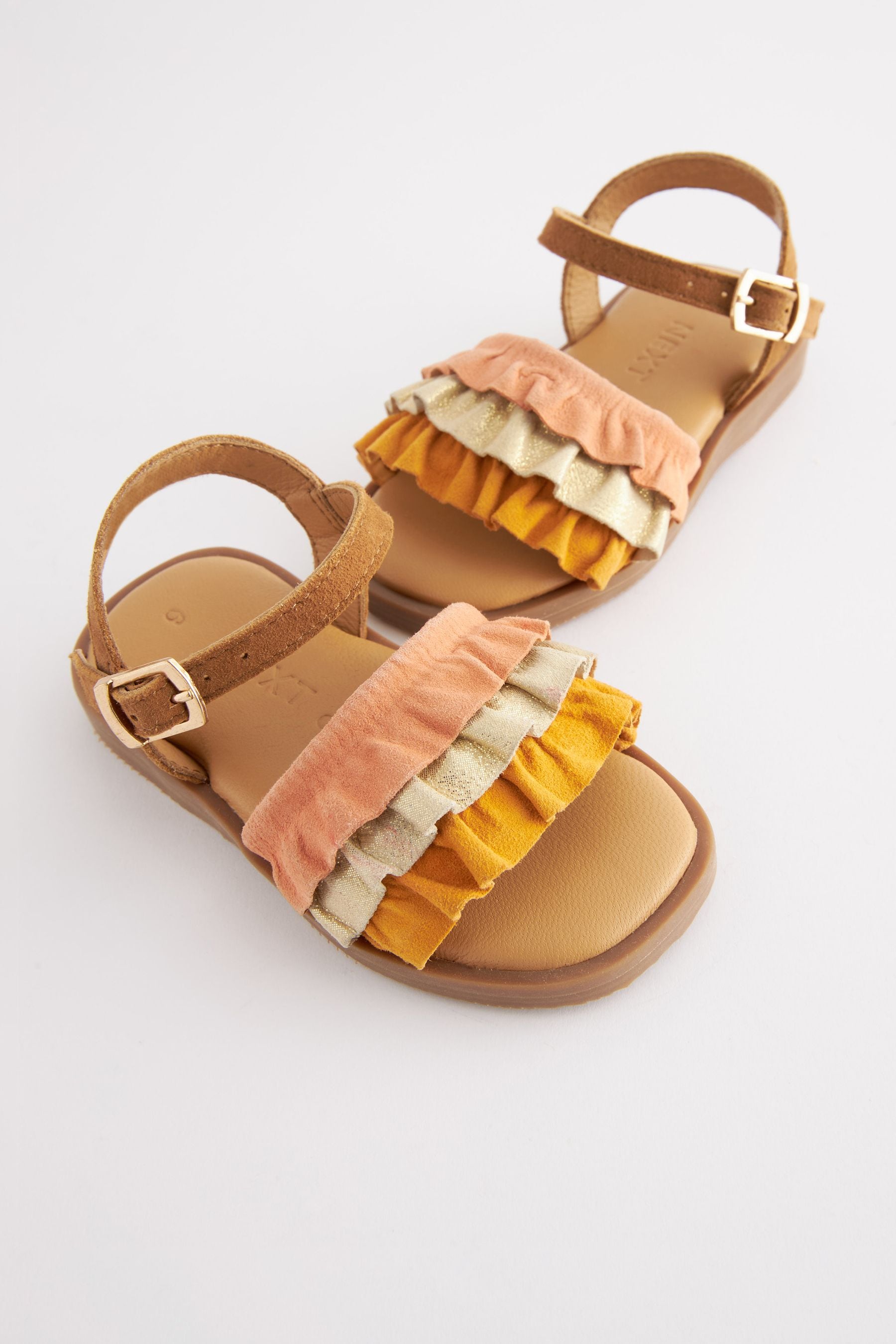 Orange/Tan Brown Leather Ruffle Sandals