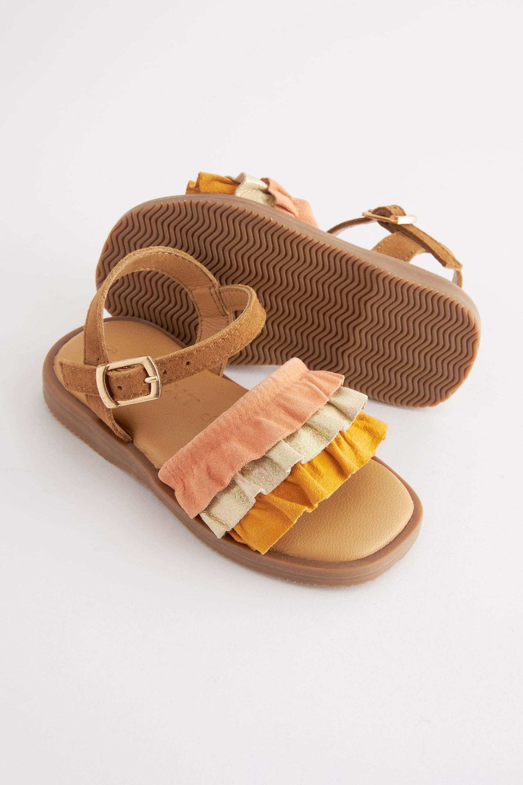 Orange/Tan Brown Leather Ruffle Sandals