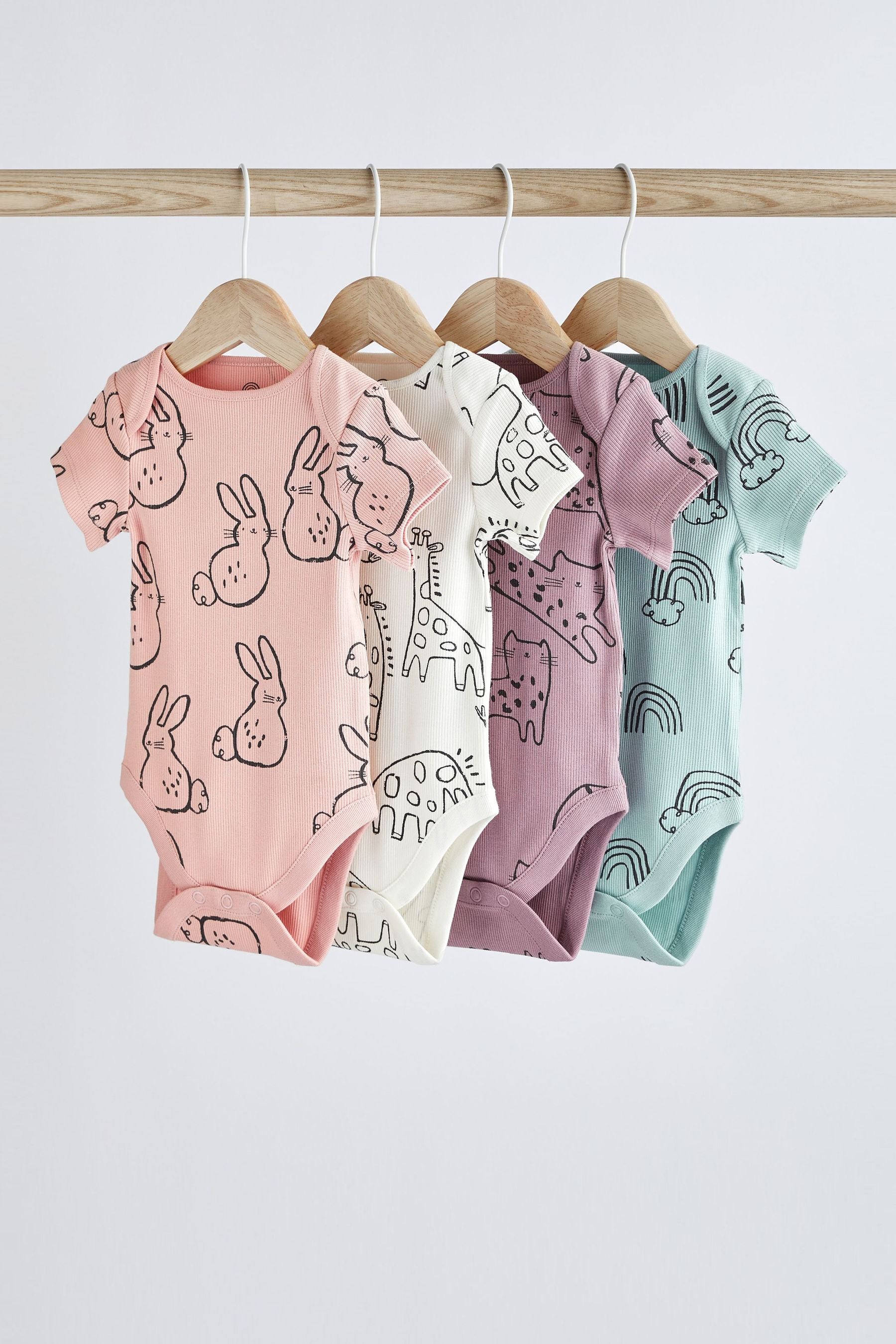 Pink/Lilac Baby Printed Short Sleeve Rib Bodysuits 4 Pack