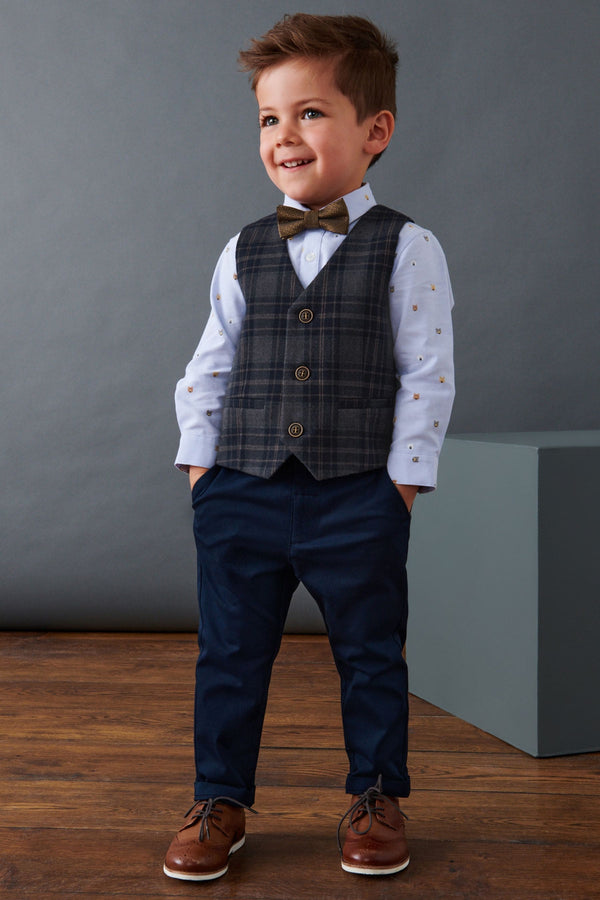 Navy Blue Check Waistcoat, Shirt, Trousers & Bow Tie Set (3mths-9yrs)