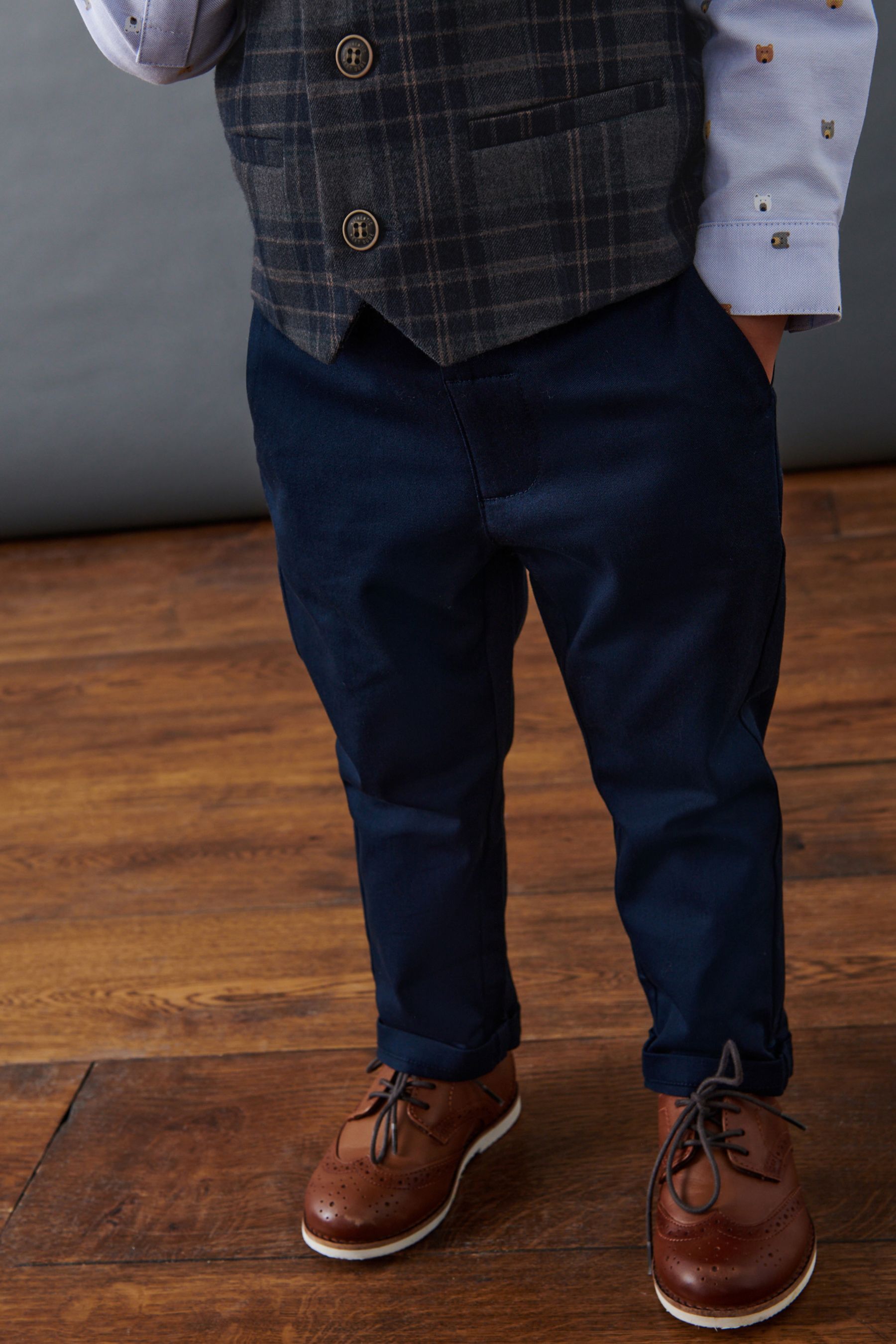 Navy Blue Check Waistcoat, Shirt, Trousers & Bow Tie Set (3mths-9yrs)