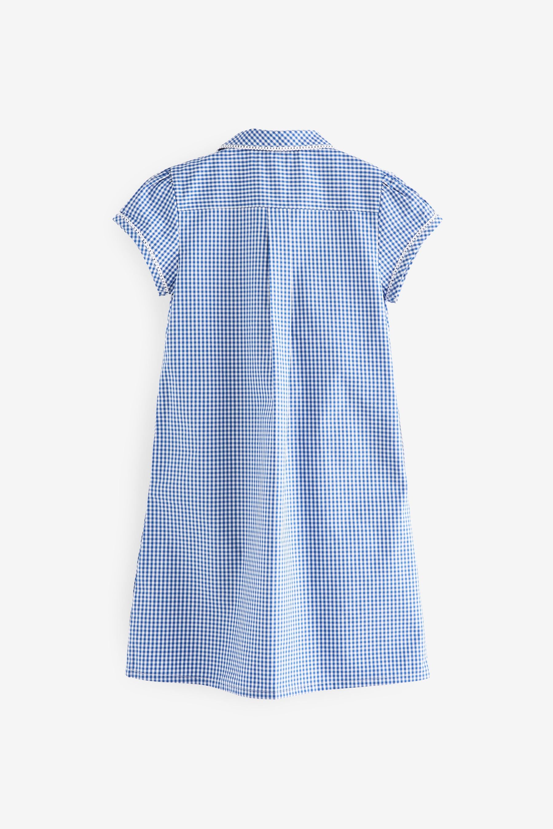 Mid Blue Cotton Rich Button Front Lace Gingham School Dress (3-14yrs)