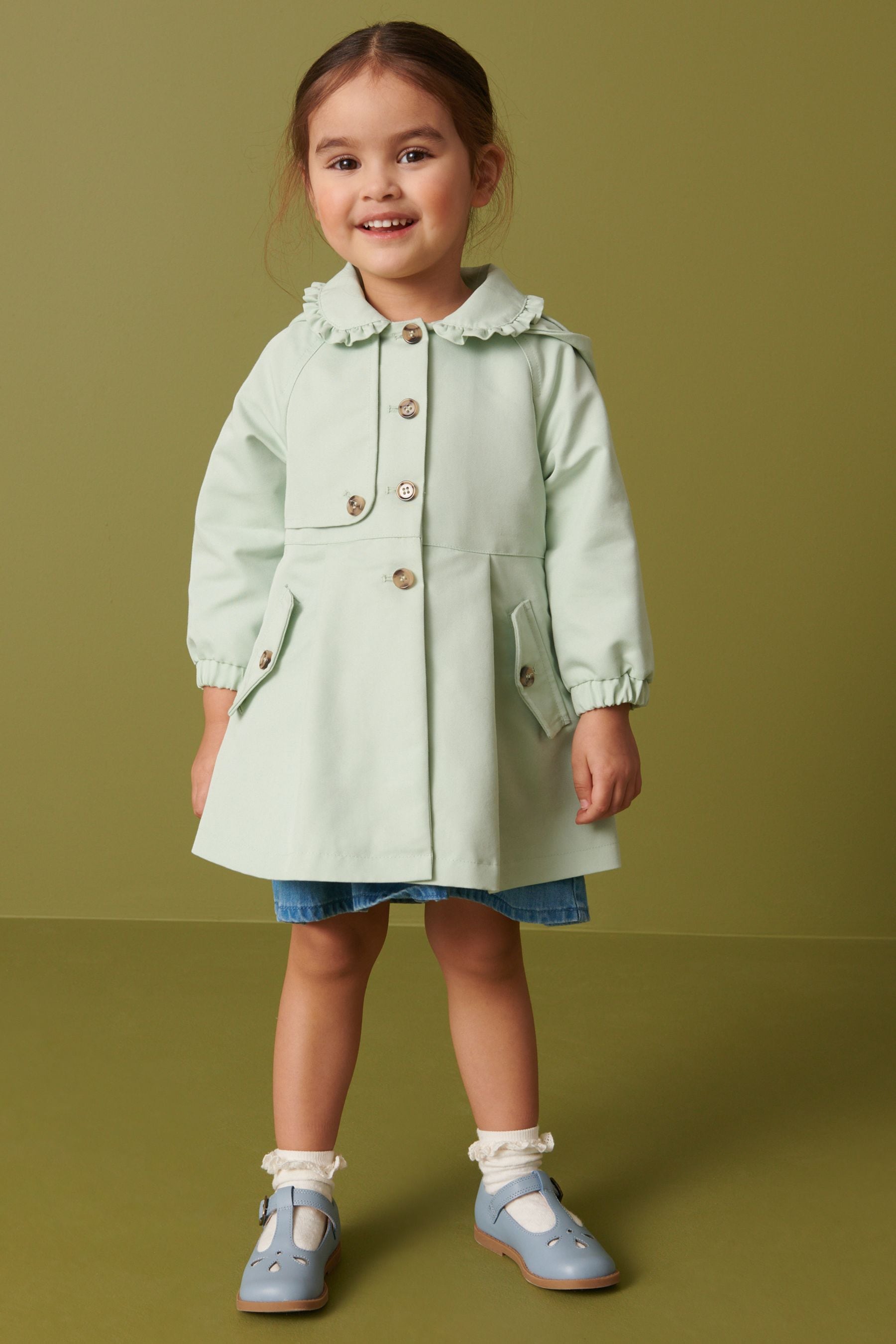 Sage Green Shower Resistant Frill Collar Smart Mac Coat (3mths-7yrs)