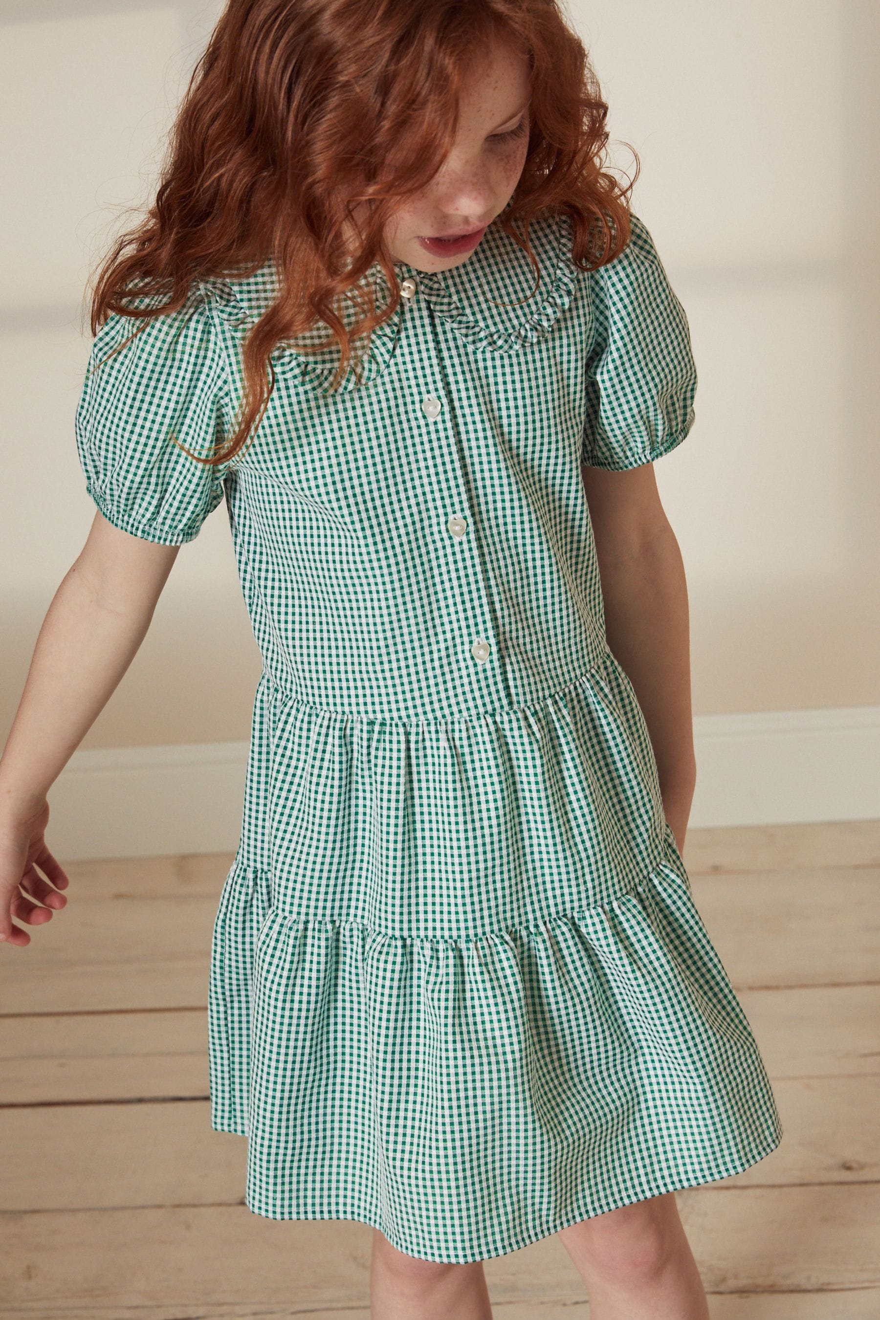 Green Cotton Rich School Gingham Tiered Pretty Collar Dress (3-14yrs)