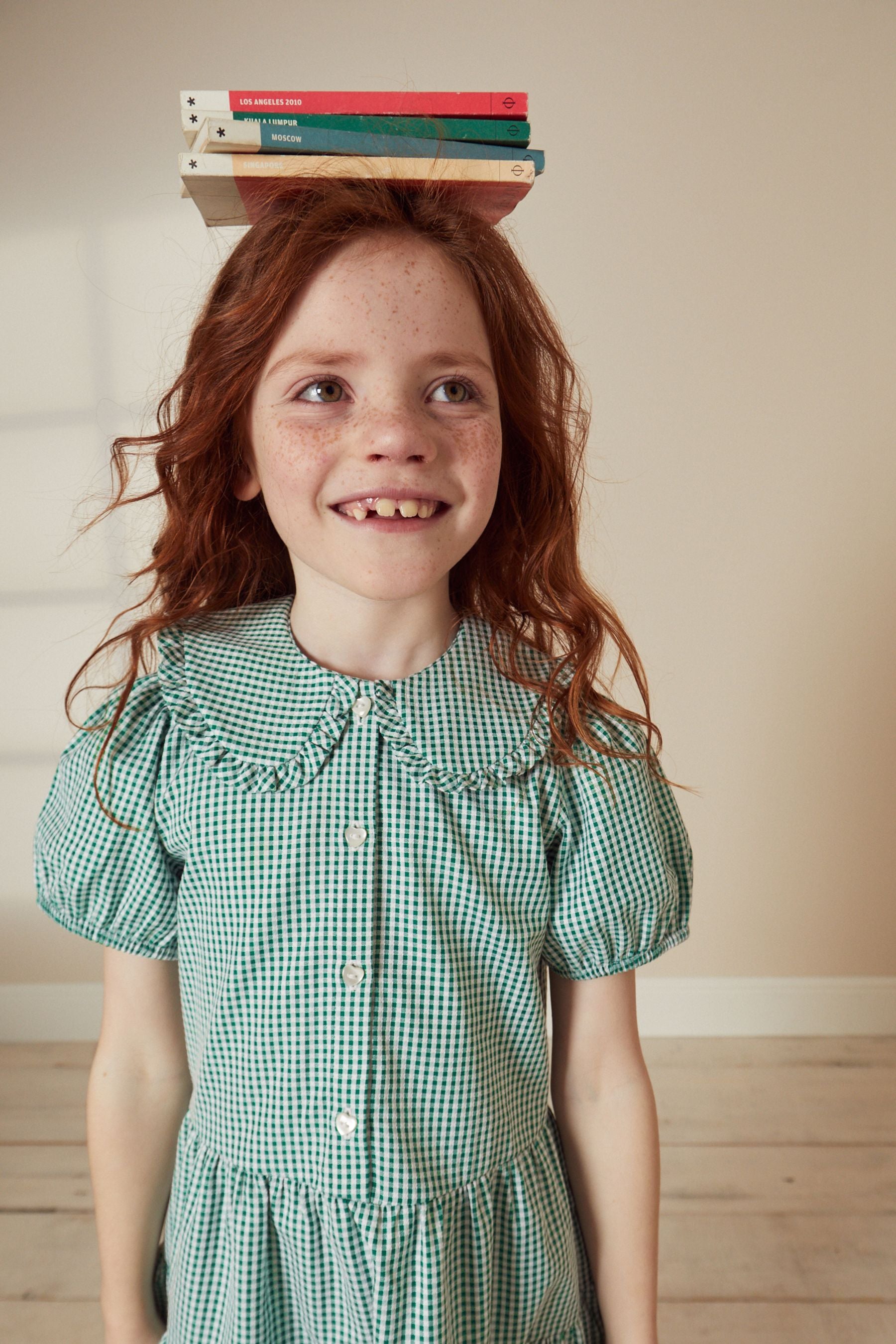 Green Cotton Rich School Gingham Tiered Pretty Collar Dress (3-14yrs)