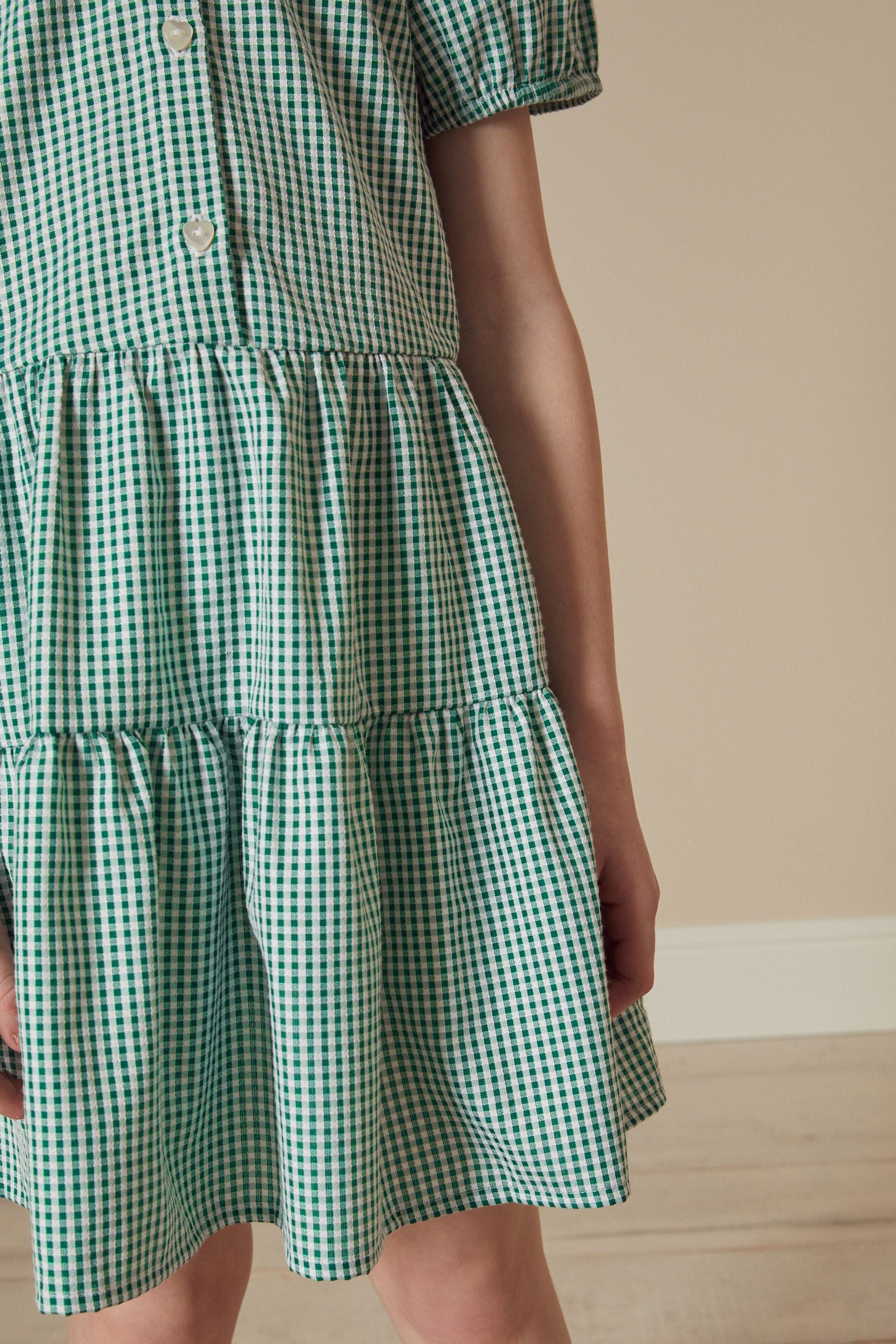 Green Cotton Rich School Gingham Tiered Pretty Collar Dress (3-14yrs)