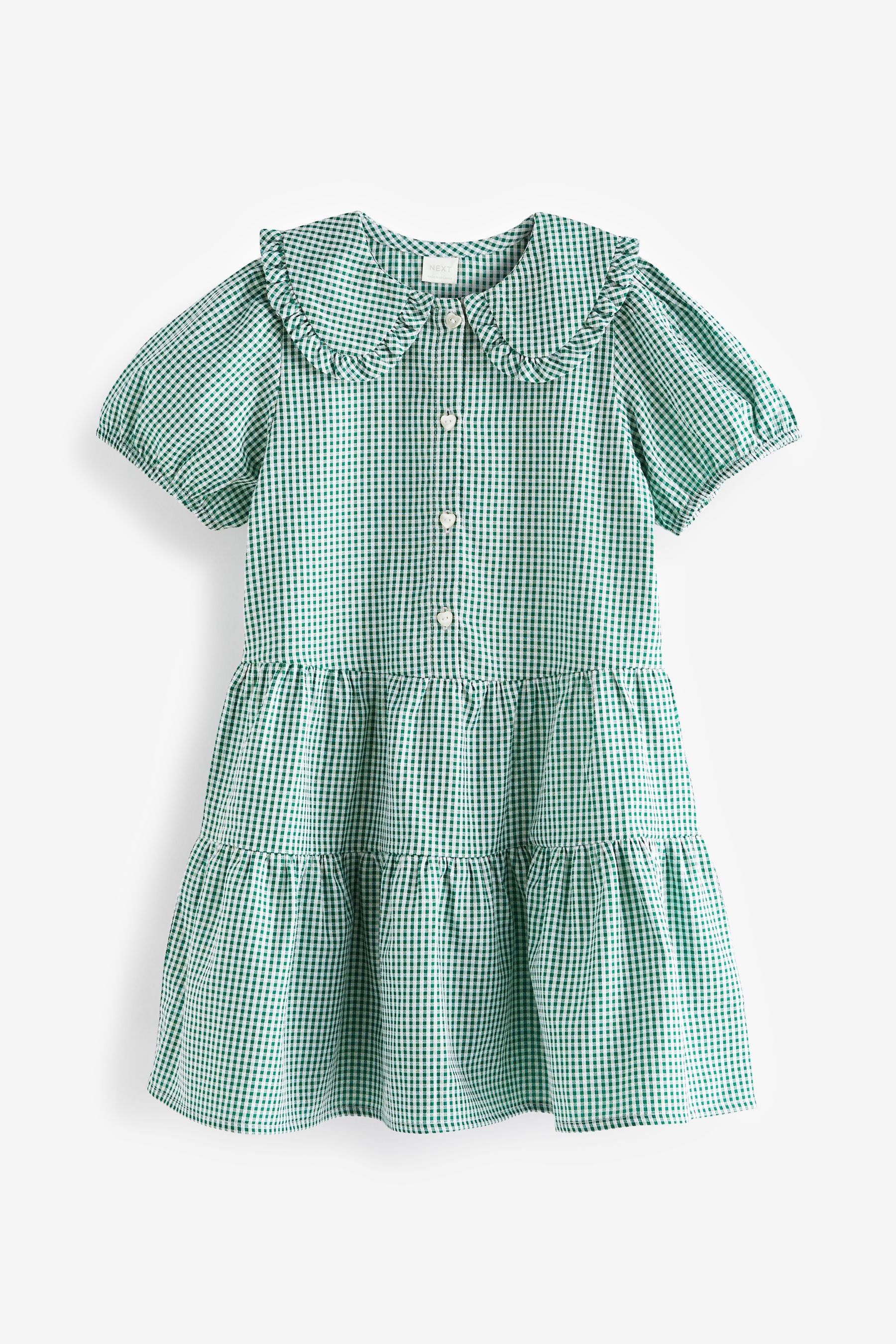 Green Cotton Rich School Gingham Tiered Pretty Collar Dress (3-14yrs)