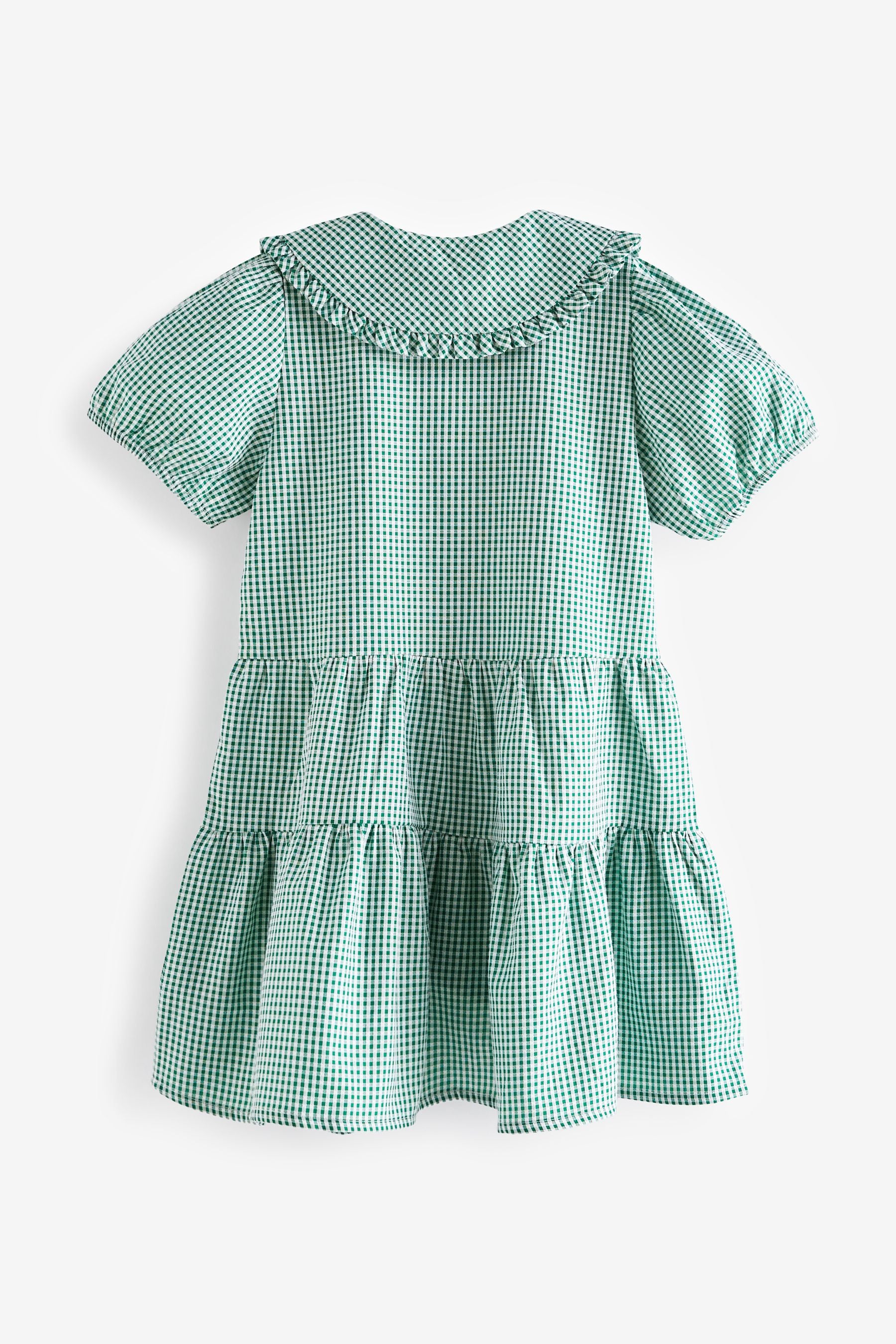 Green Cotton Rich School Gingham Tiered Pretty Collar Dress (3-14yrs)