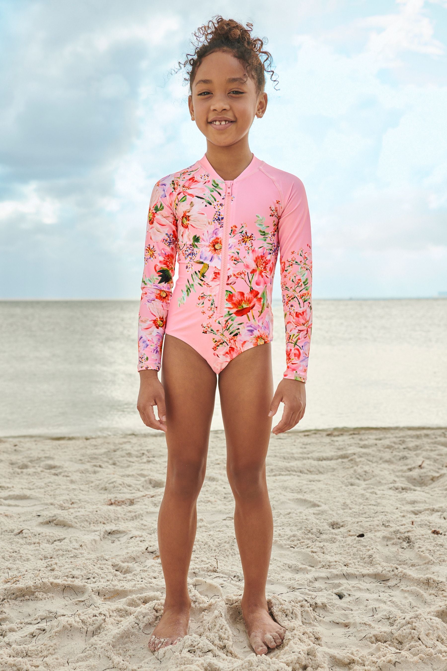 Pink Placement Floral Long Sleeved Swimsuit (3-16yrs)