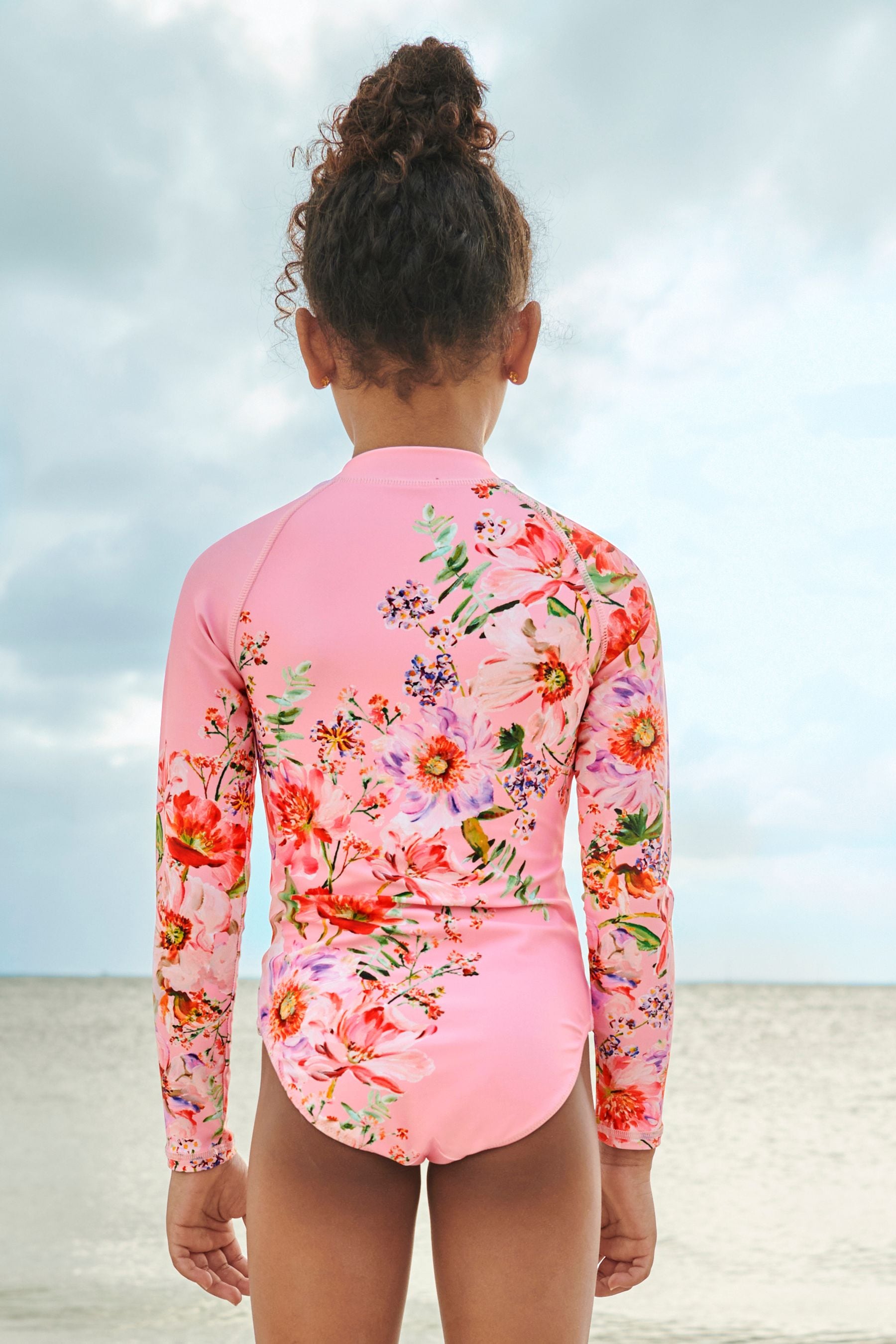 Pink Placement Floral Long Sleeved Swimsuit (3-16yrs)