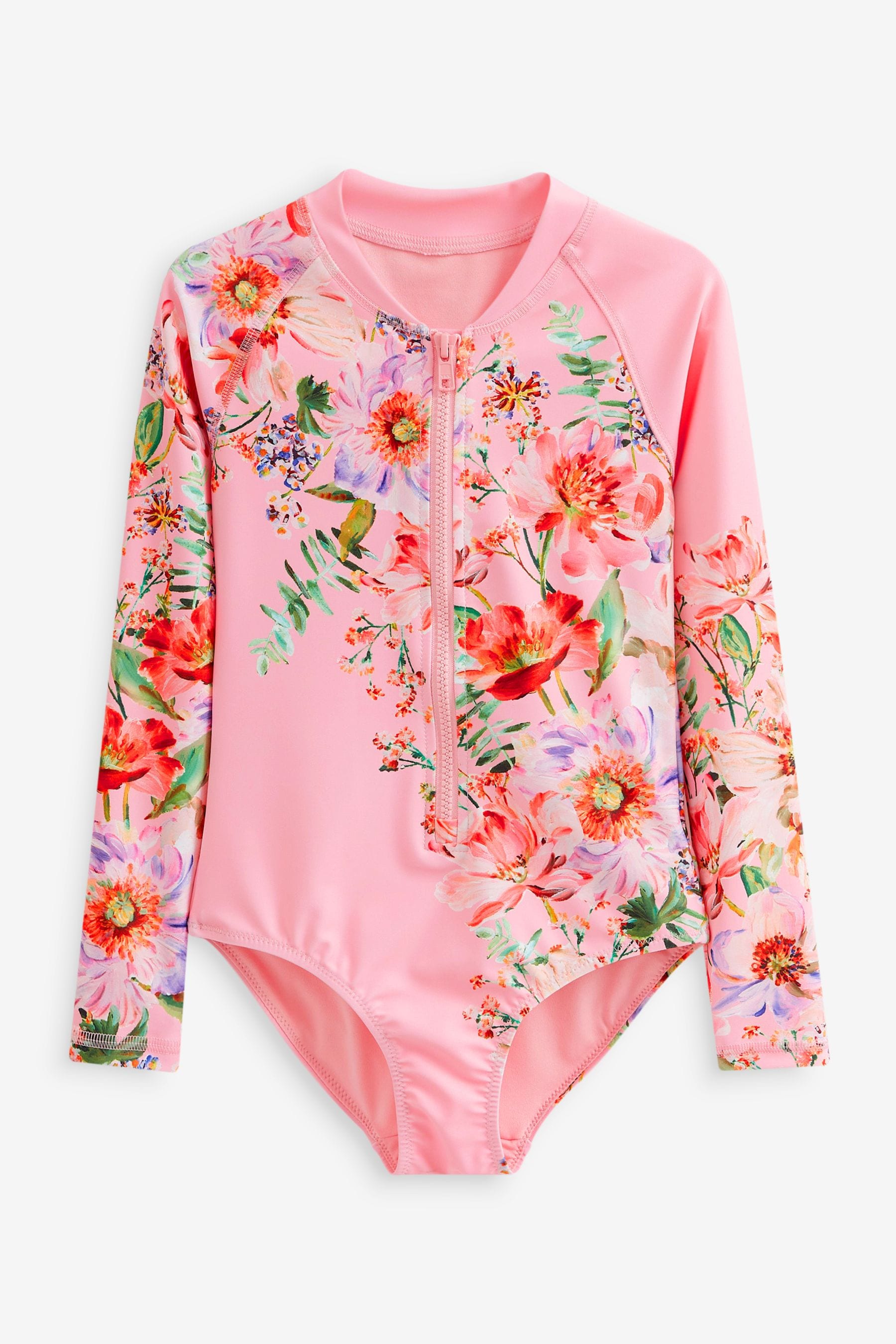 Pink Placement Floral Long Sleeved Swimsuit (3-16yrs)