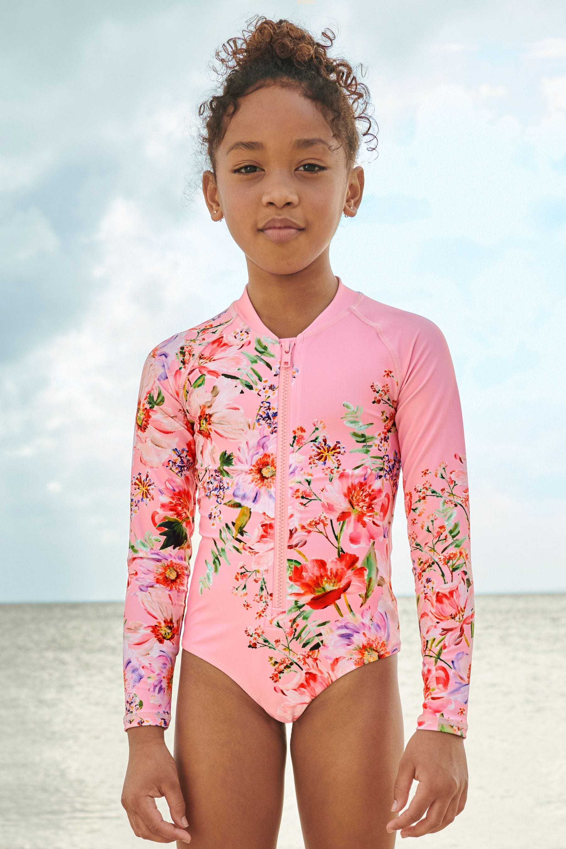 Pink Placement Floral Long Sleeved Swimsuit (3-16yrs)