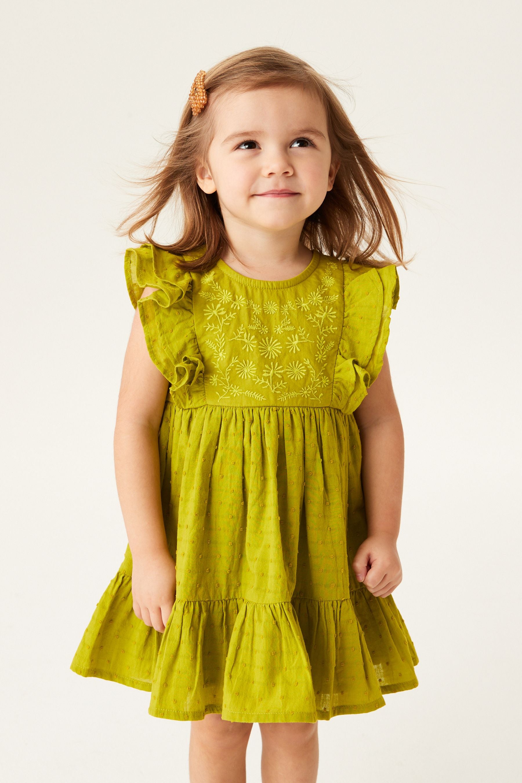 Green Jersey Woven Mix Embroidered Dress (3mths-7yrs)