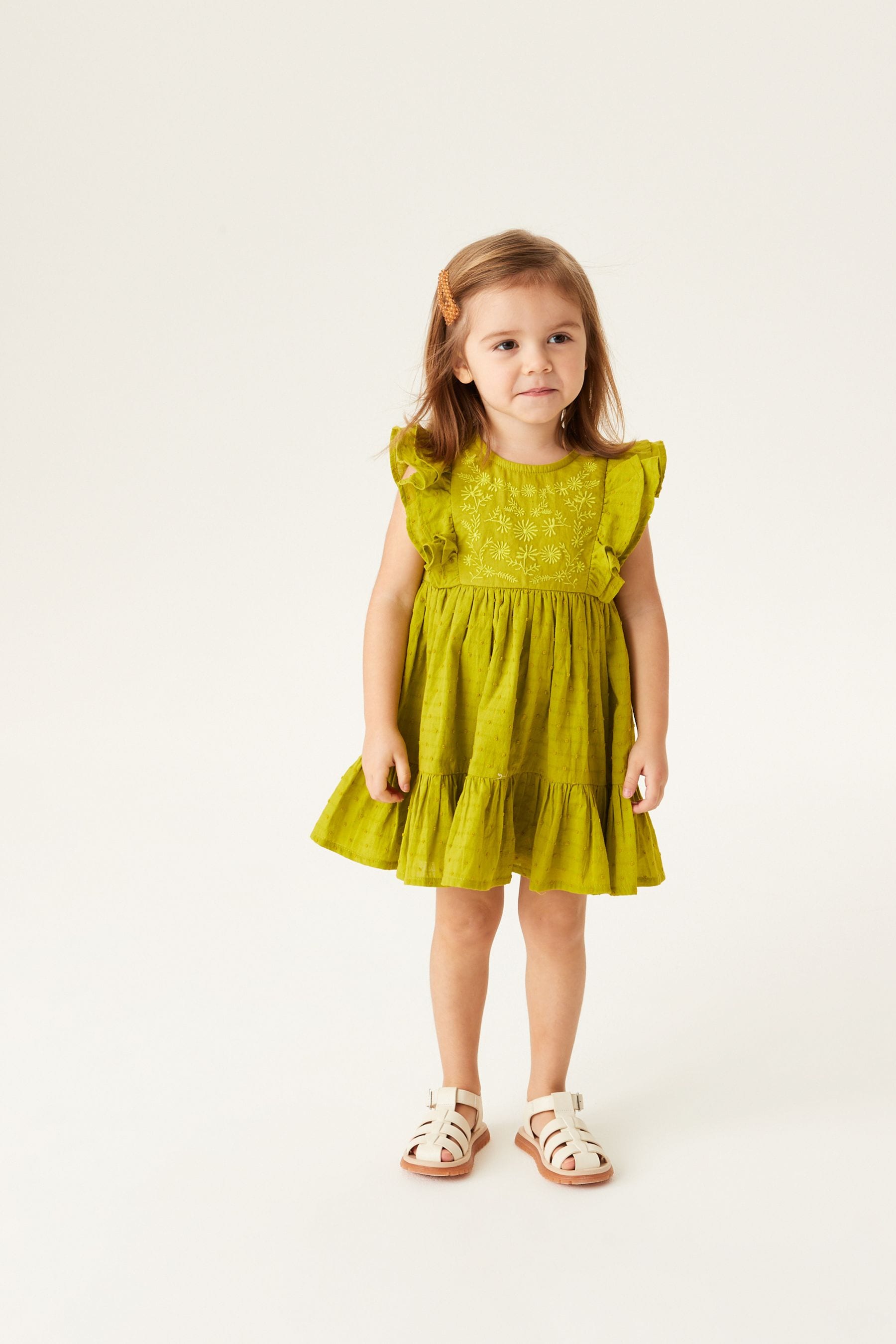 Green Jersey Woven Mix Embroidered Dress (3mths-7yrs)