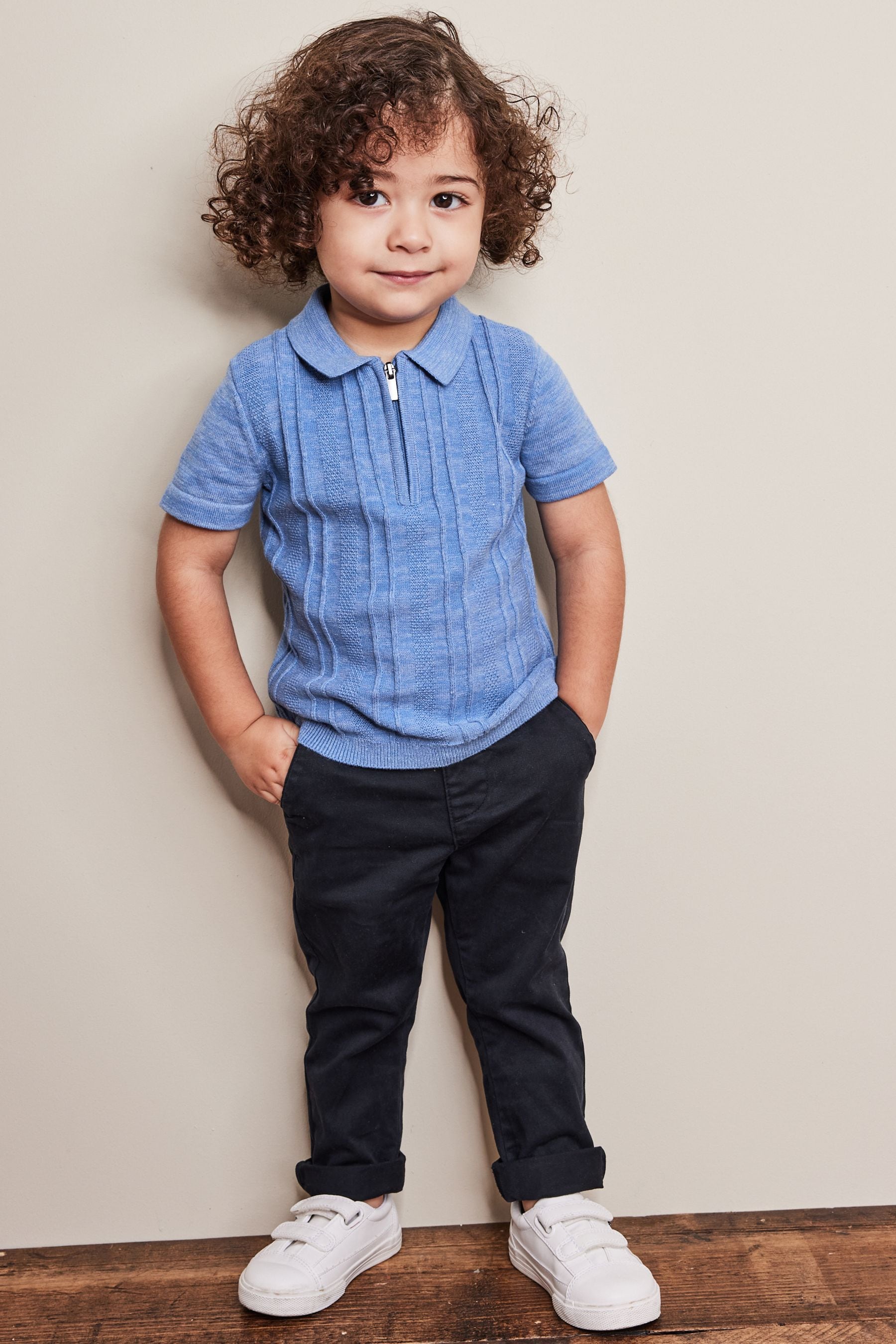 Blue Knitted Short Sleeve Textured Zip Neck Polo Shirt (3mths-7yrs)