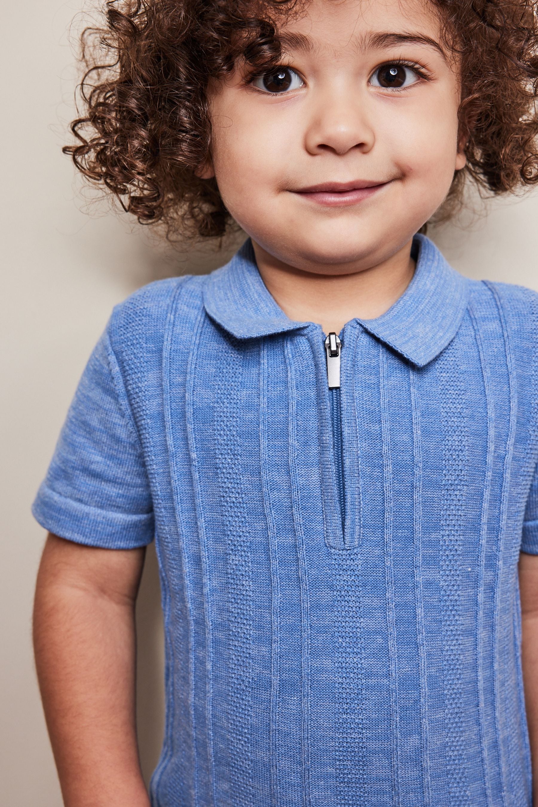 Blue Knitted Short Sleeve Textured Zip Neck Polo Shirt (3mths-7yrs)