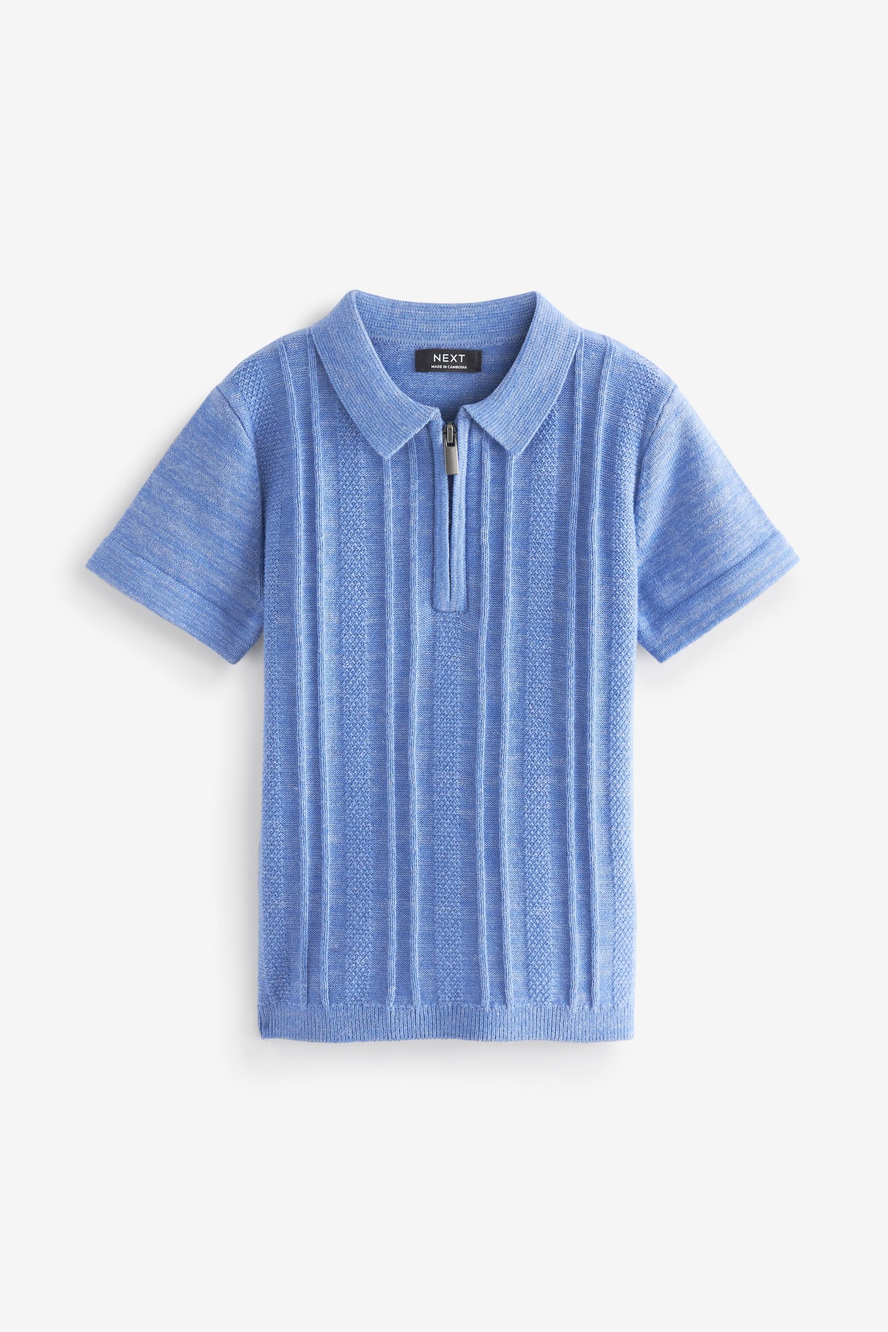 Blue Knitted Short Sleeve Textured Zip Neck Polo Shirt (3mths-7yrs)