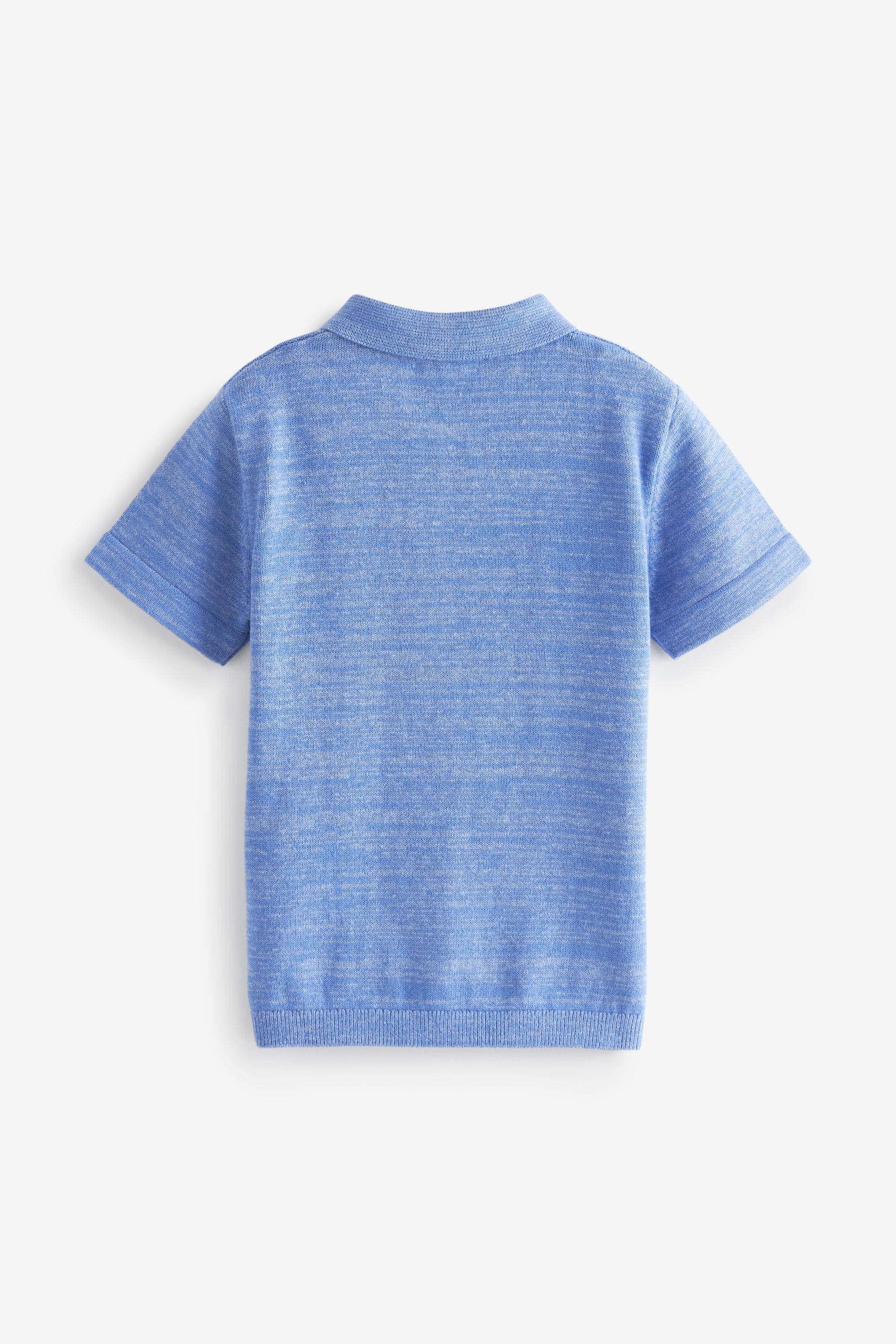 Blue Knitted Short Sleeve Textured Zip Neck Polo Shirt (3mths-7yrs)