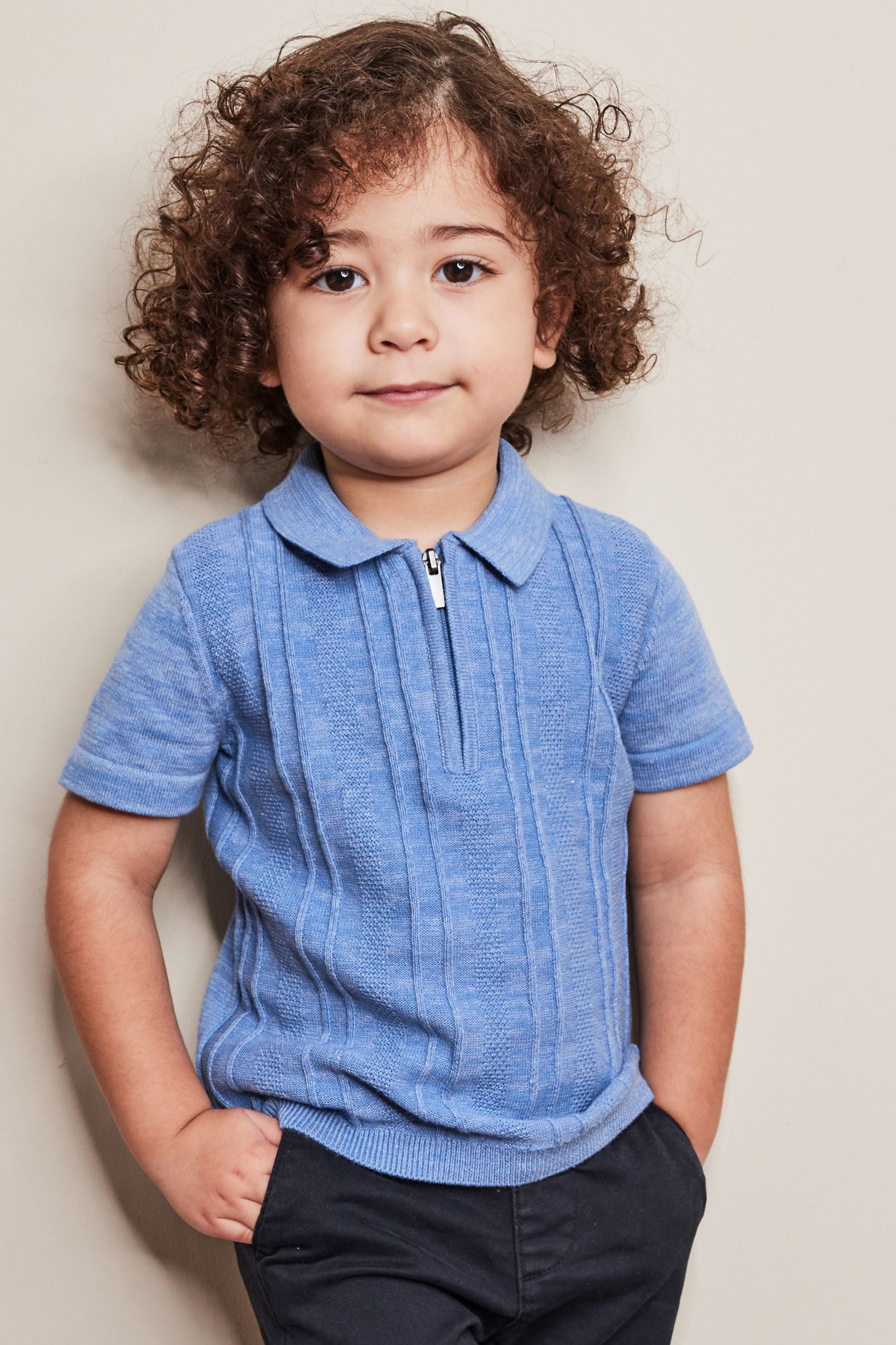 Blue Knitted Short Sleeve Textured Zip Neck Polo Shirt (3mths-7yrs)