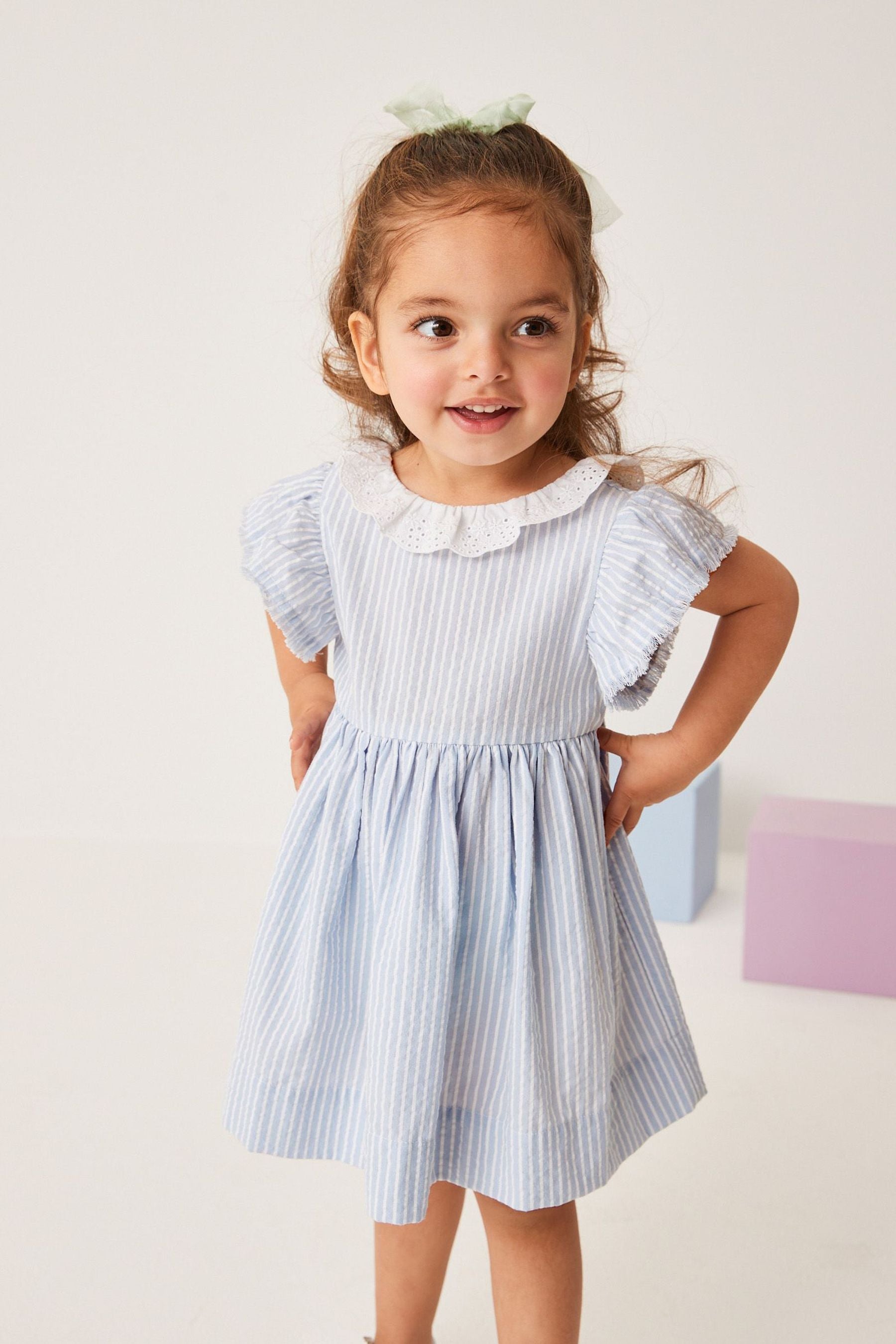 Blue Stripe Broderie Collar Dress (3mths-8yrs)