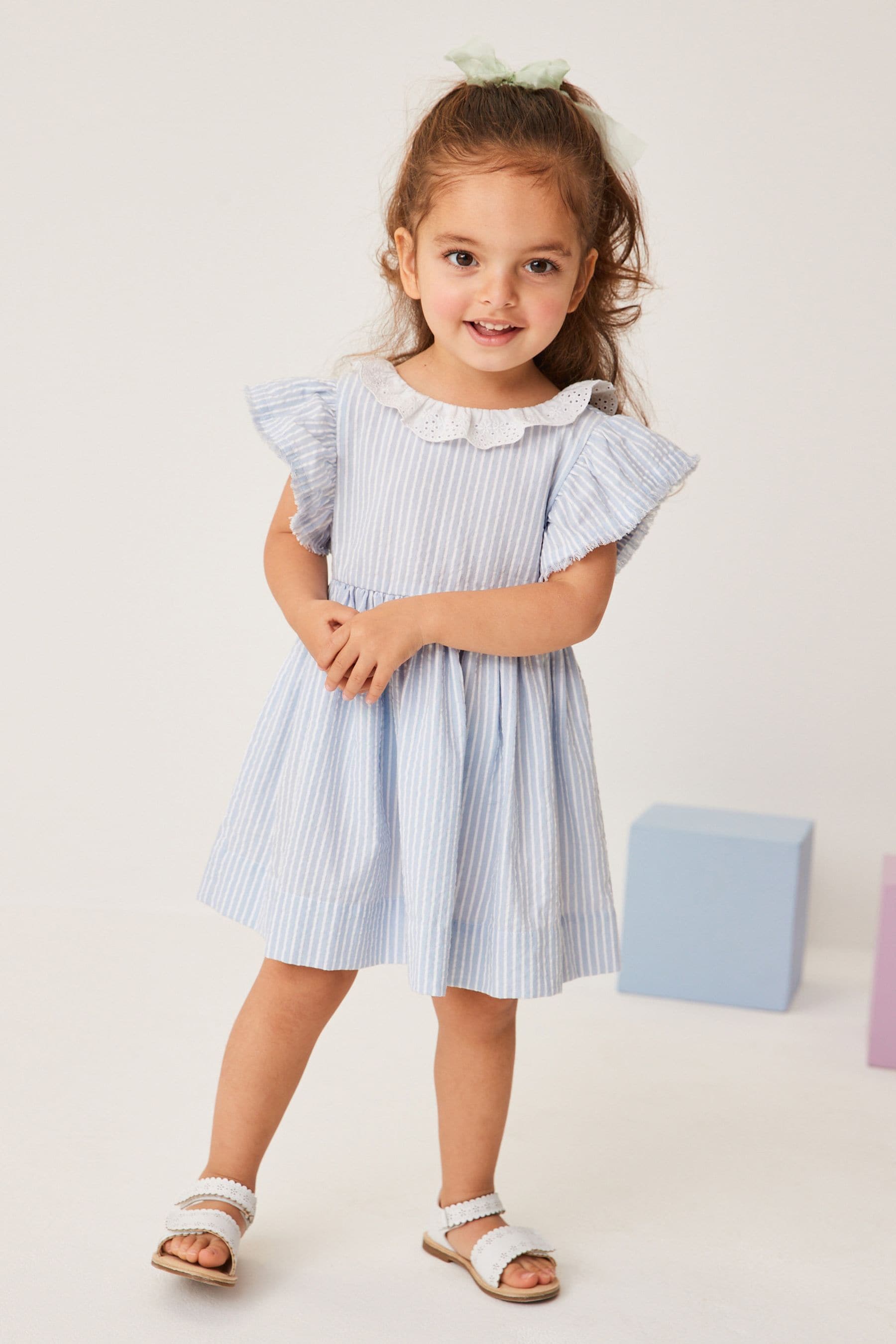 Blue Stripe Broderie Collar Dress (3mths-8yrs)