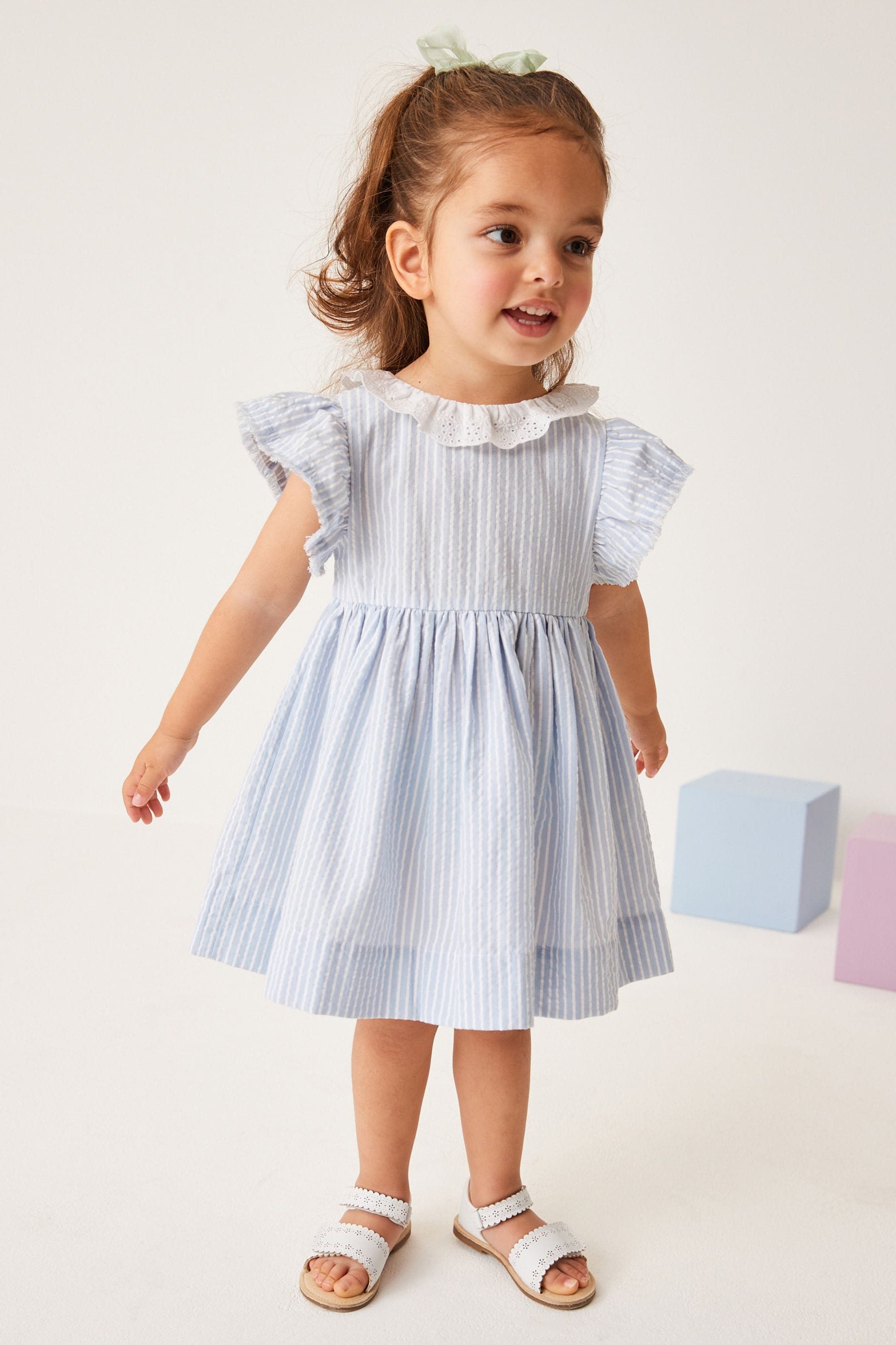 Blue Stripe Broderie Collar Dress (3mths-8yrs)