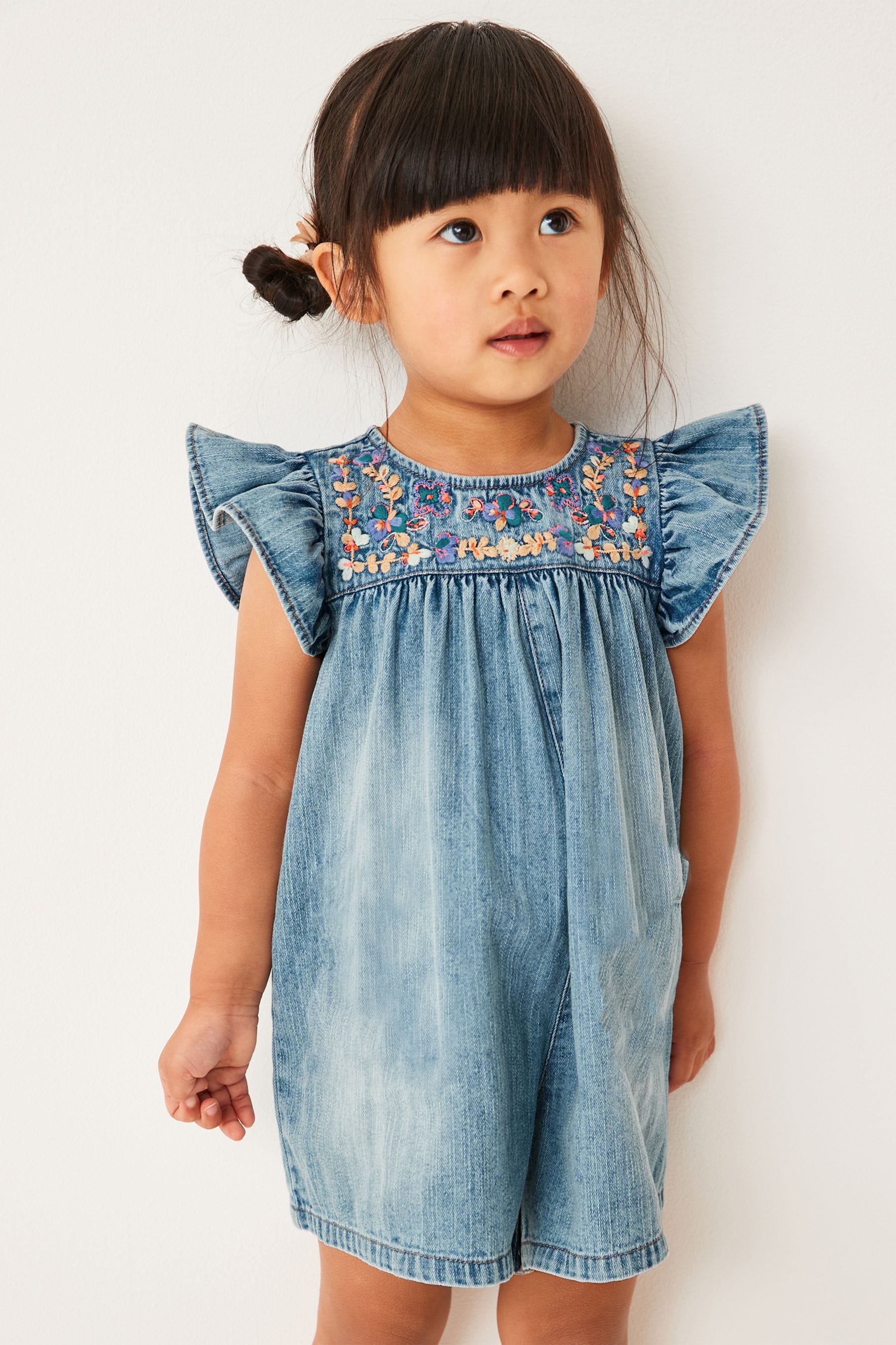 Denim Blue Embroidered Frill Sleeve Playsuit (3mths-7yrs)