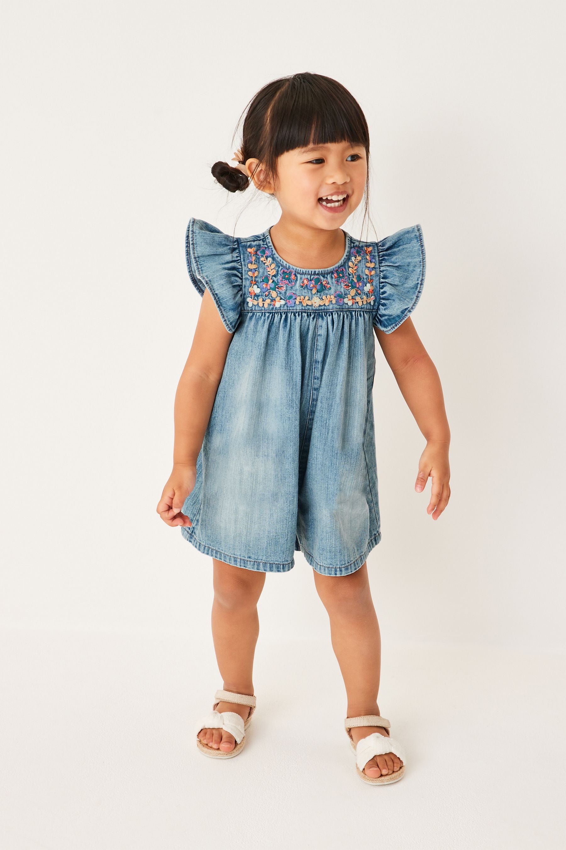 Denim Blue Embroidered Frill Sleeve Playsuit (3mths-7yrs)