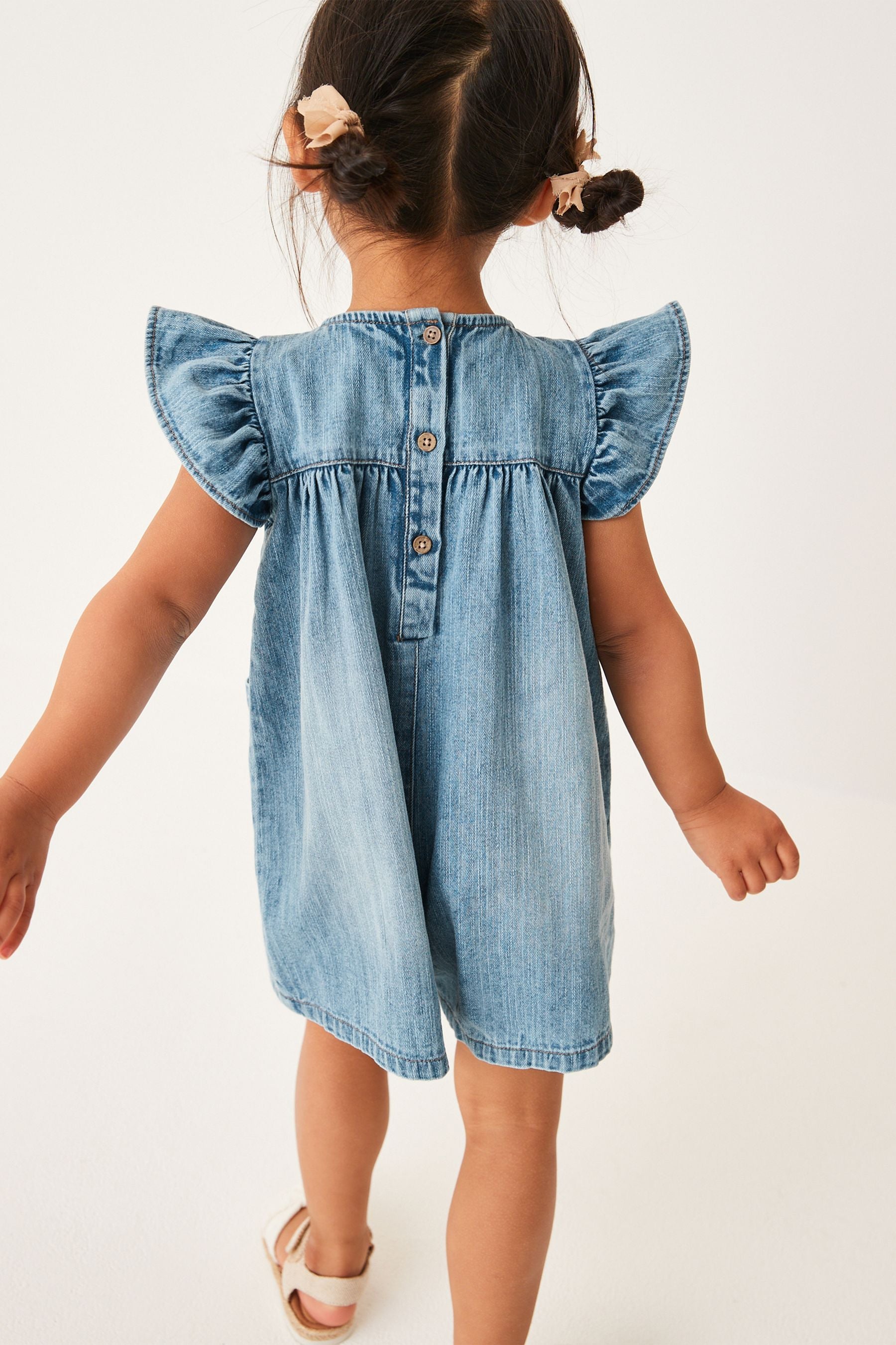 Denim Blue Embroidered Frill Sleeve Playsuit (3mths-7yrs)