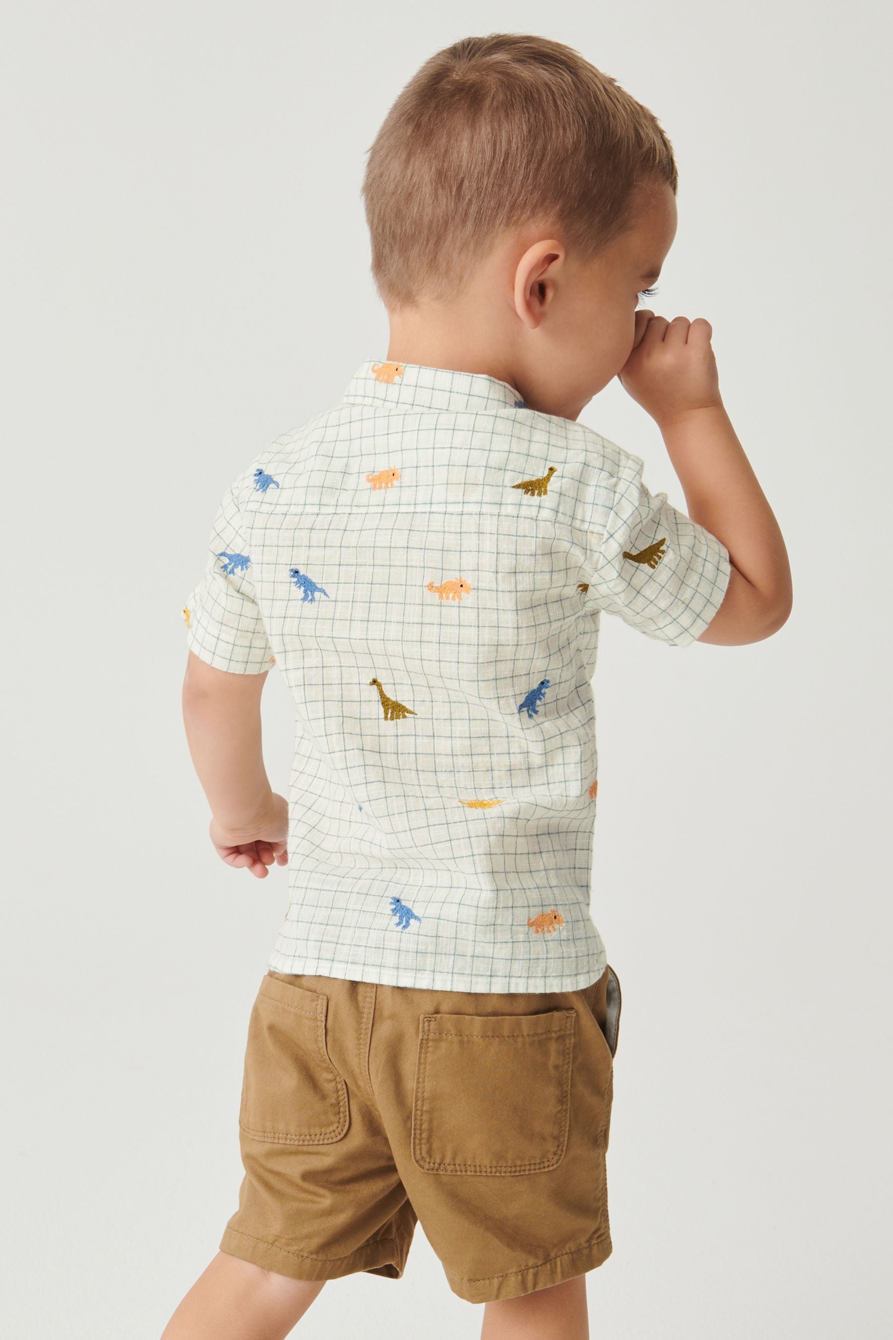 Dinosaur Embroidered Ecru White Check Shirt (3mths-7yrs)