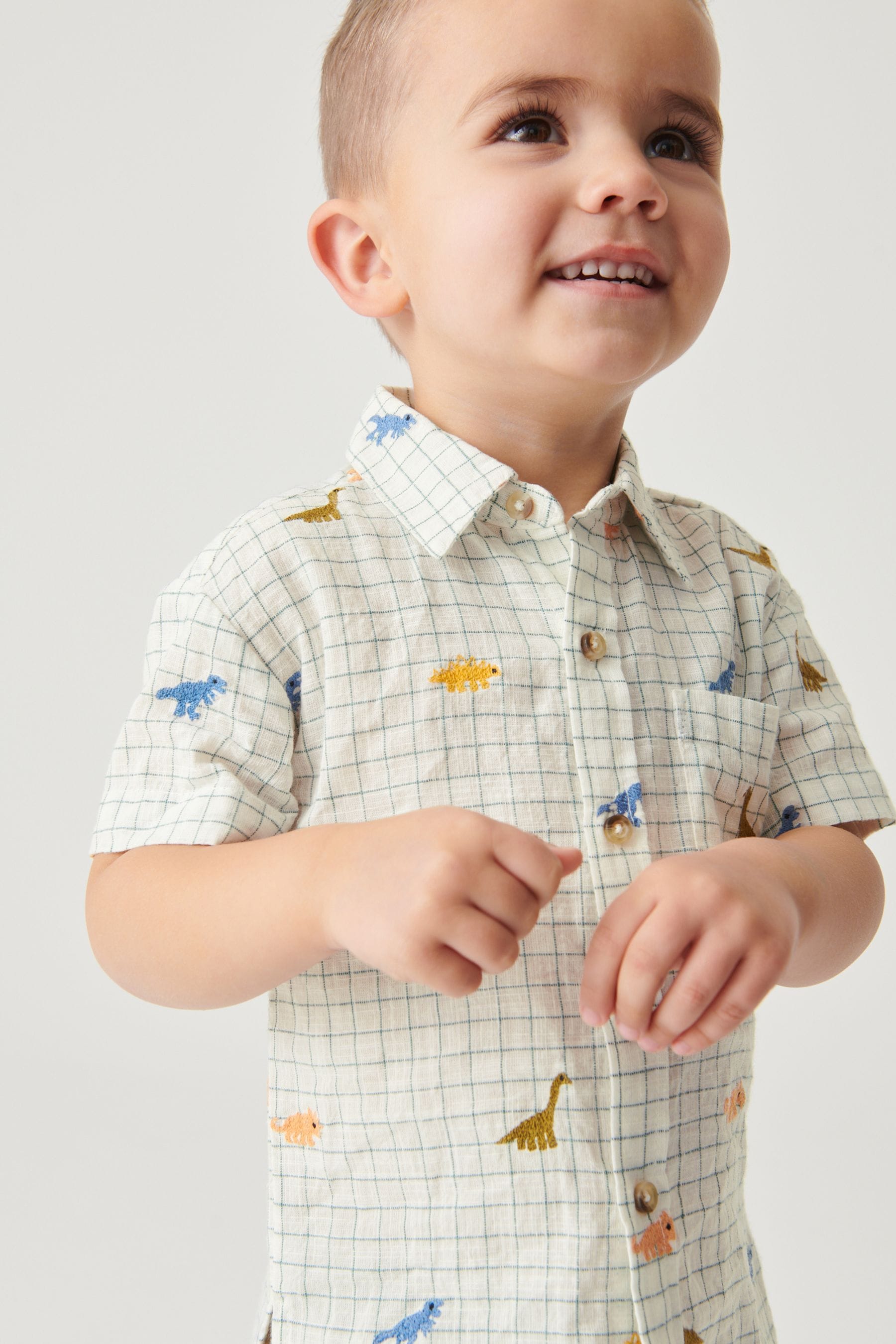 Dinosaur Embroidered Ecru White Check Shirt (3mths-7yrs)