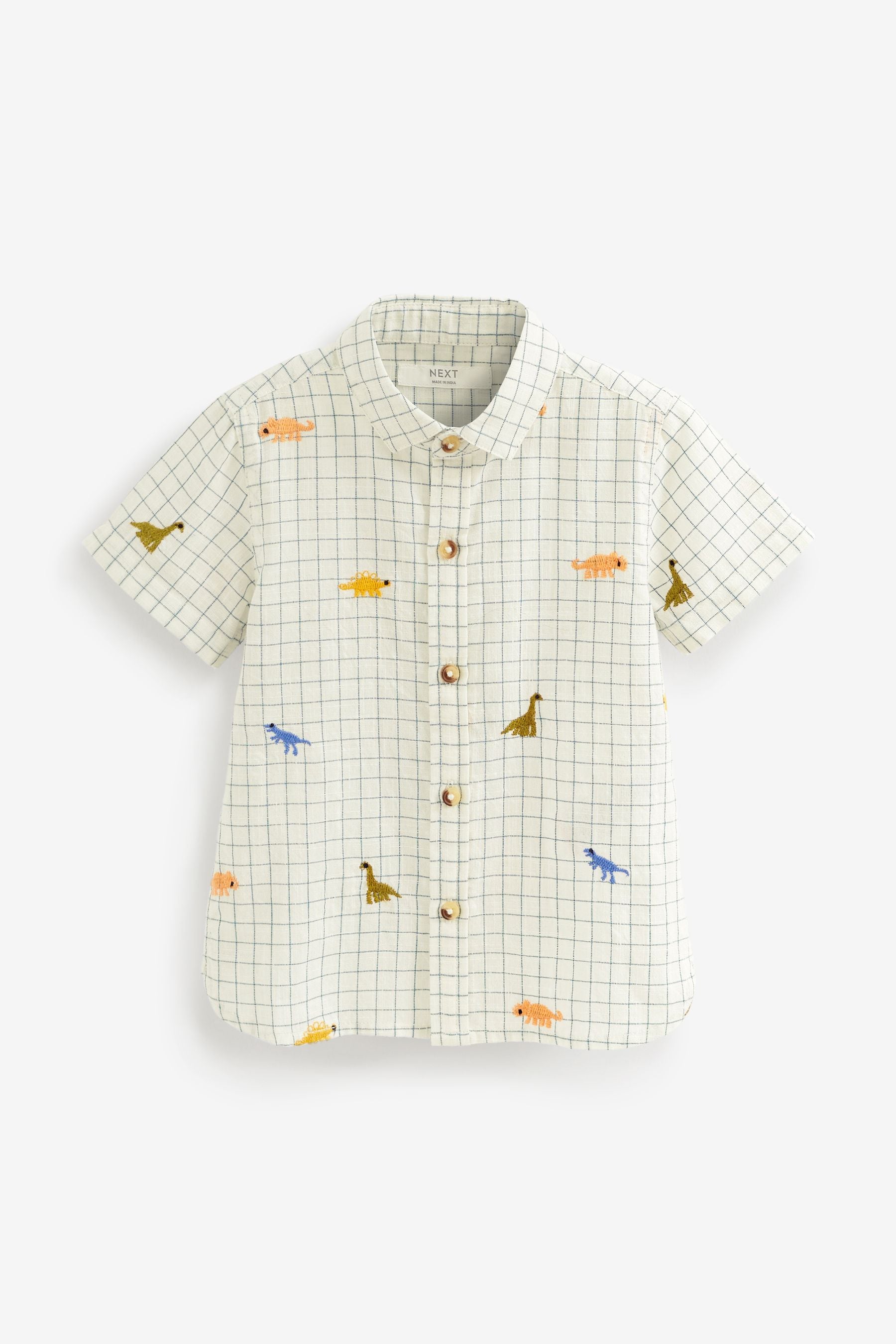 Dinosaur Embroidered Ecru White Check Shirt (3mths-7yrs)