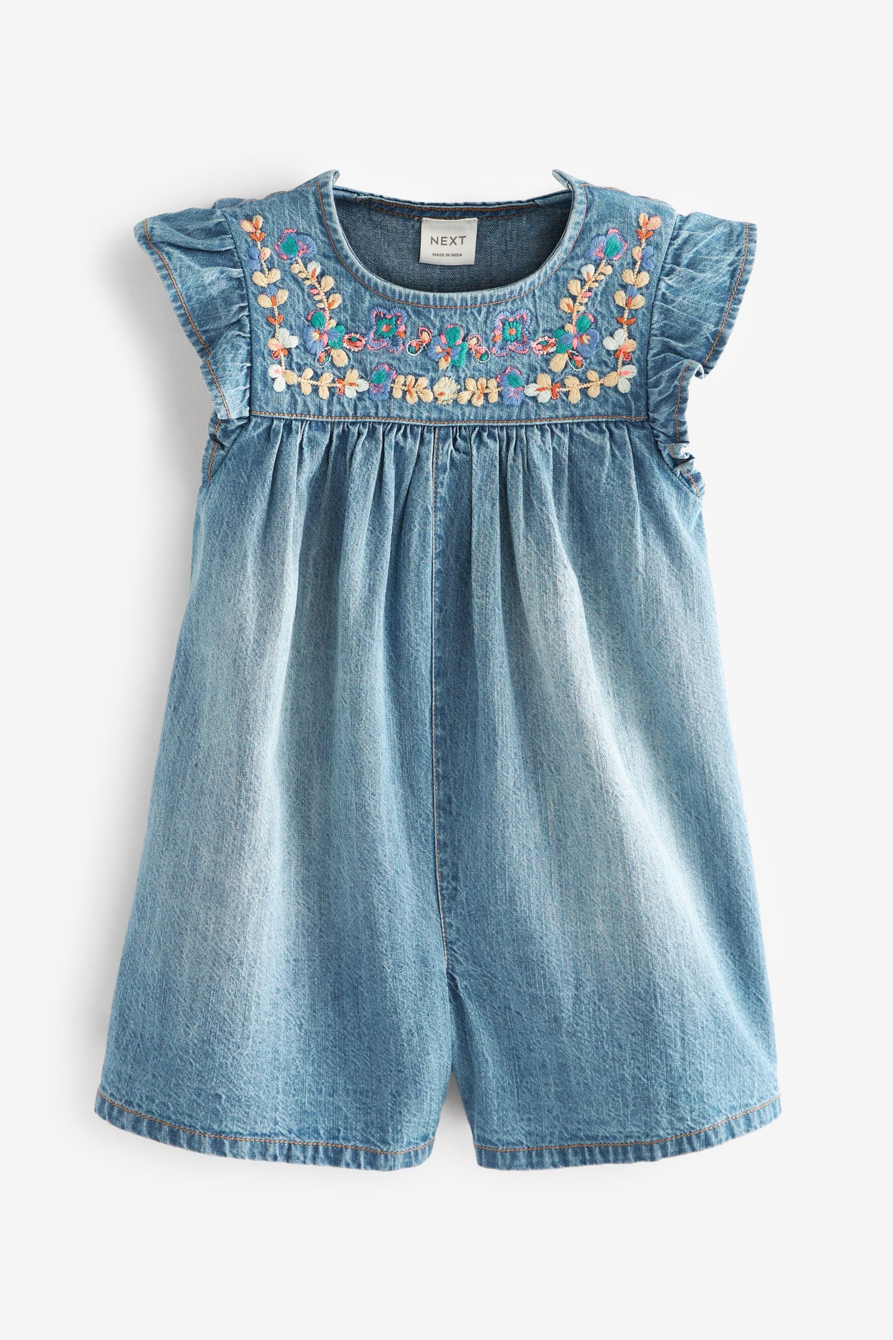 Denim Blue Embroidered Frill Sleeve Playsuit (3mths-7yrs)