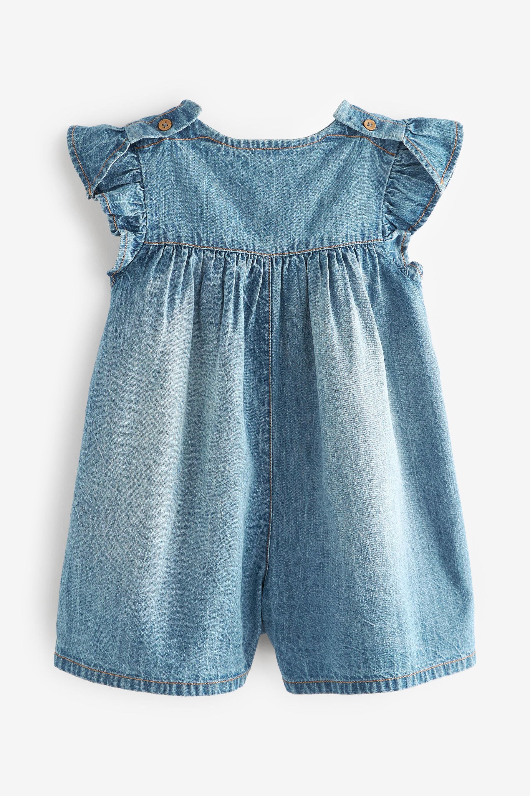 Denim Blue Embroidered Frill Sleeve Playsuit (3mths-7yrs)