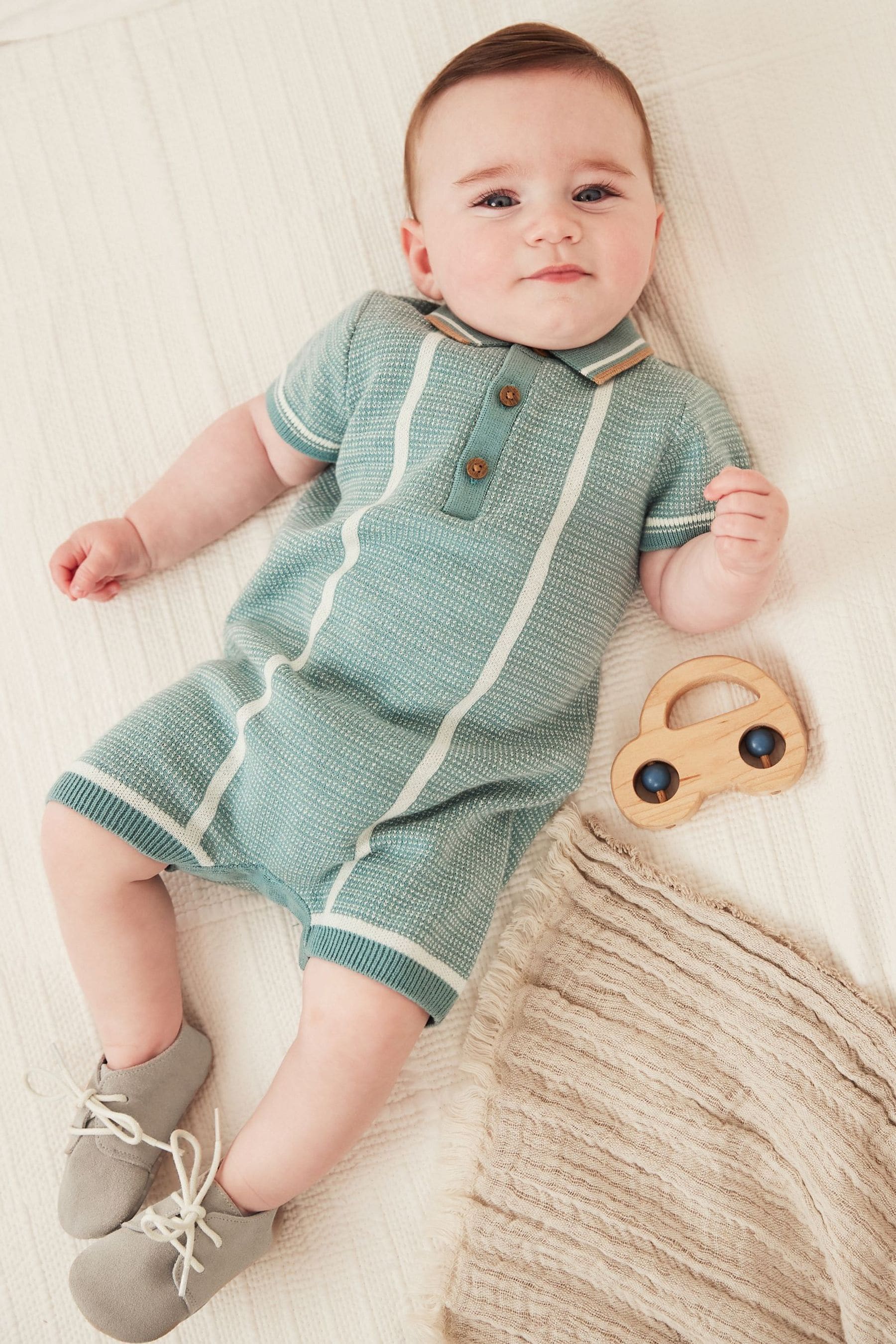 Teal Blue Knitted Baby Romper (0mths-2yrs)