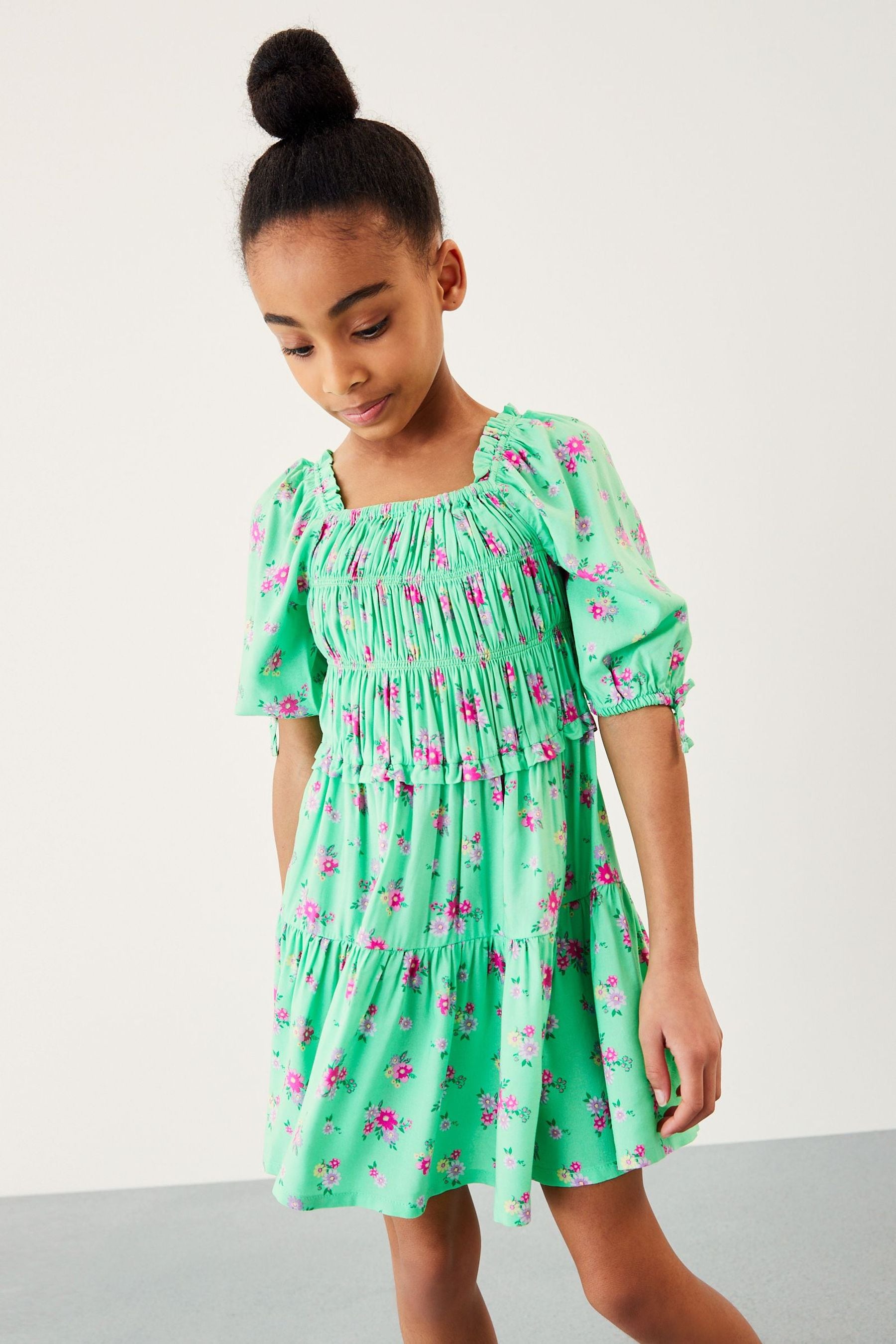 Green Ditsy Printed Shirred Dress (3-16yrs)