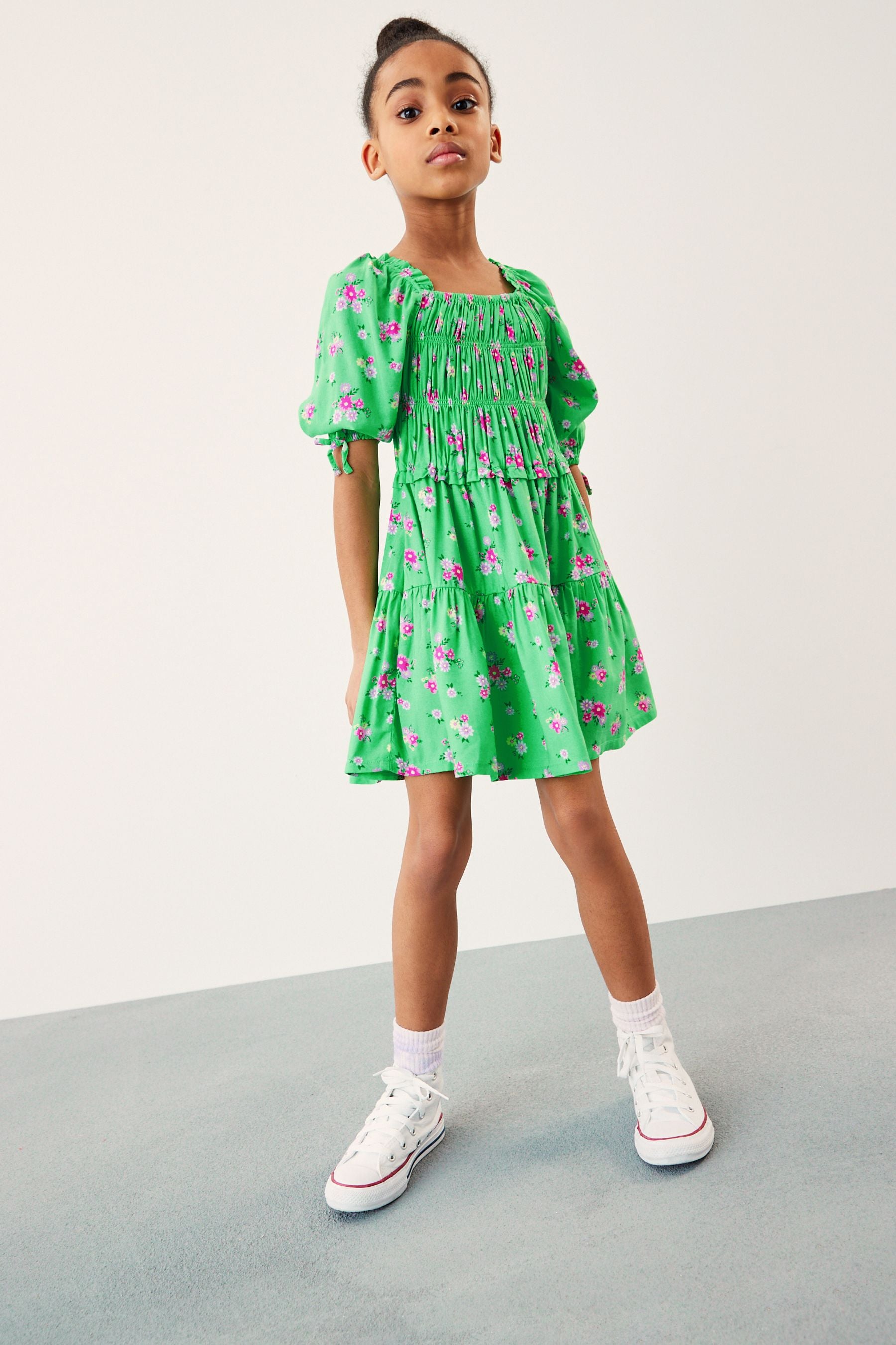 Green Ditsy Printed Shirred Dress (3-16yrs)