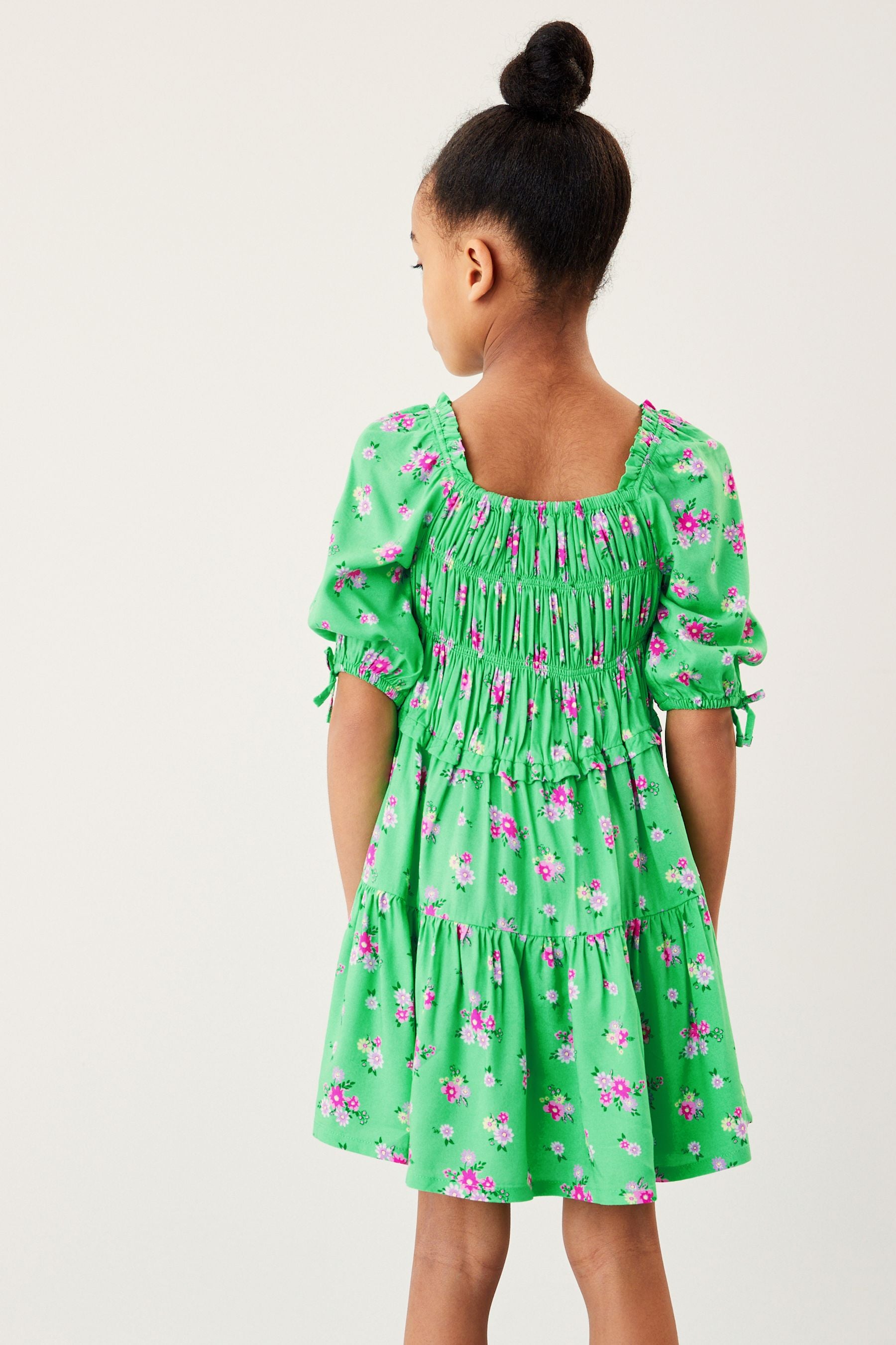 Green Ditsy Printed Shirred Dress (3-16yrs)