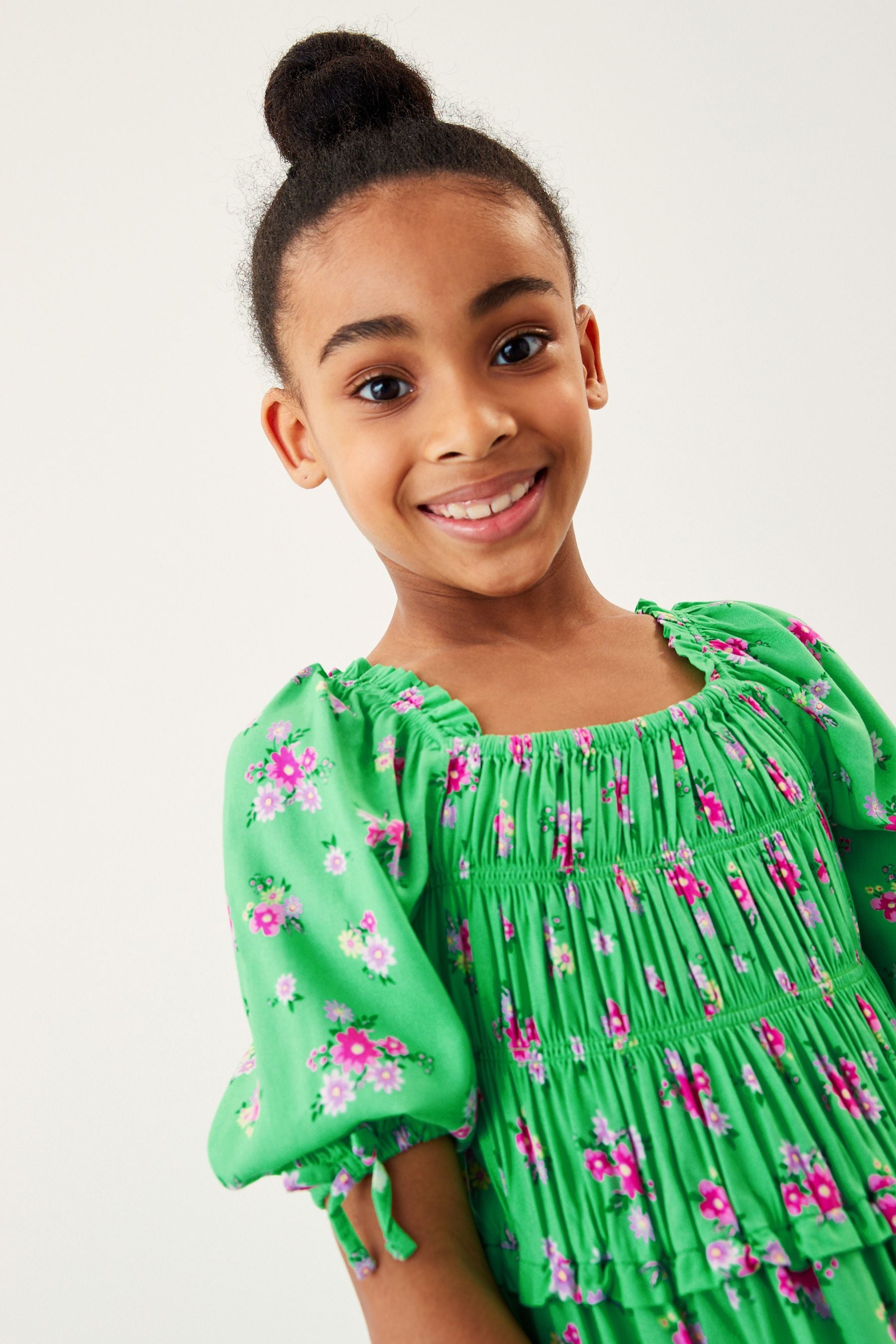 Green Ditsy Printed Shirred Dress (3-16yrs)