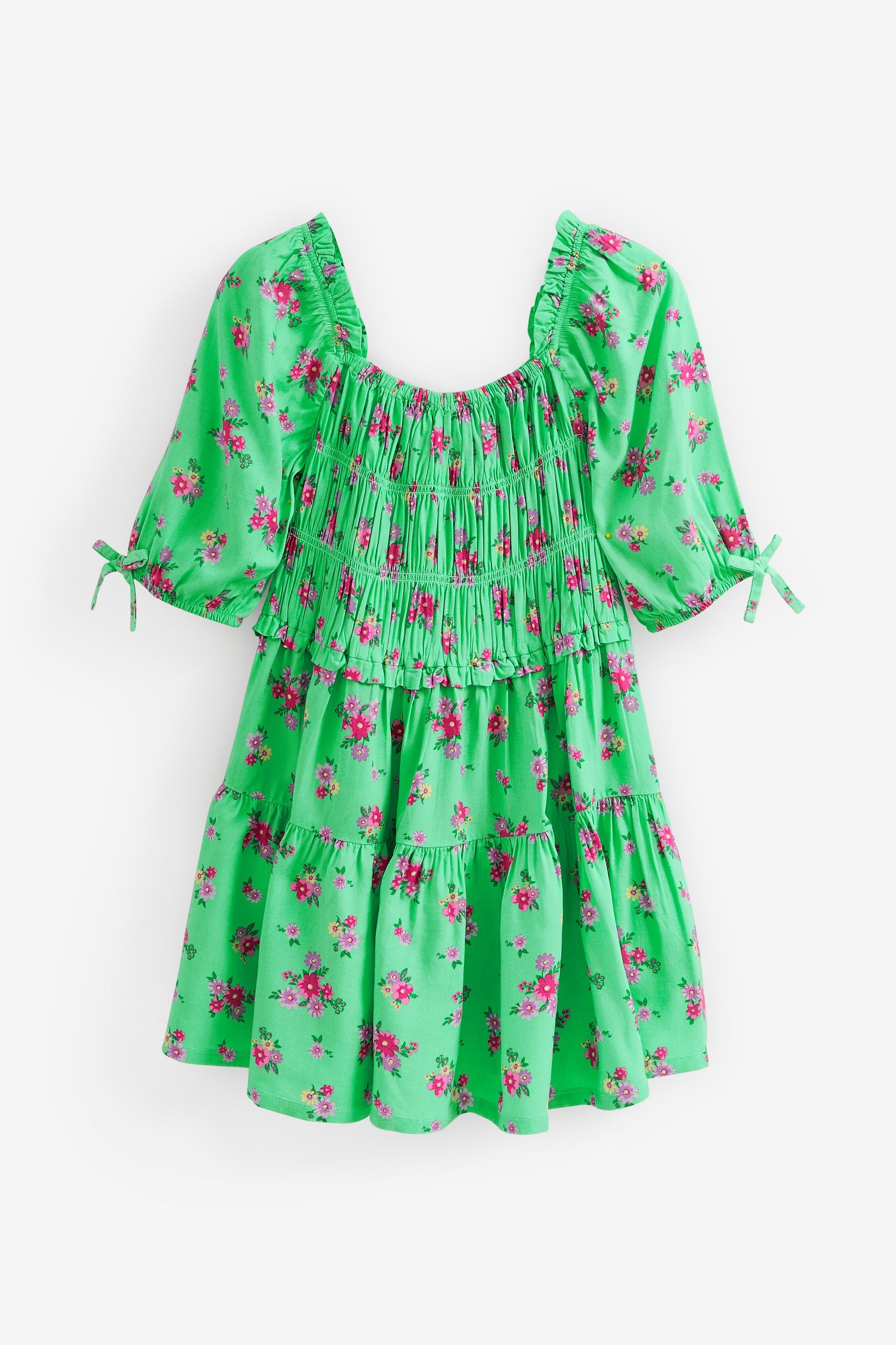 Green Ditsy Printed Shirred Dress (3-16yrs)