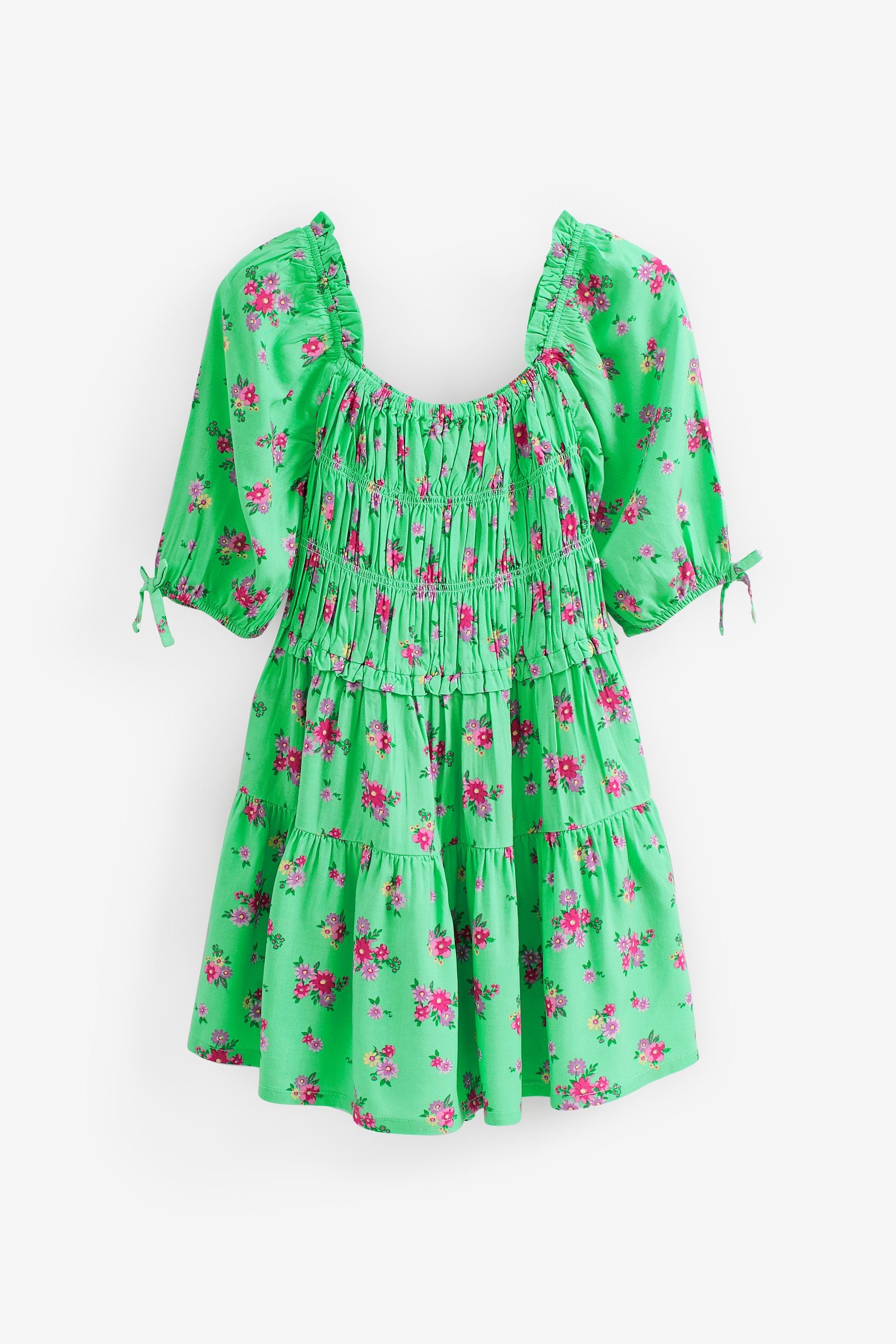 Green Ditsy Printed Shirred Dress (3-16yrs)