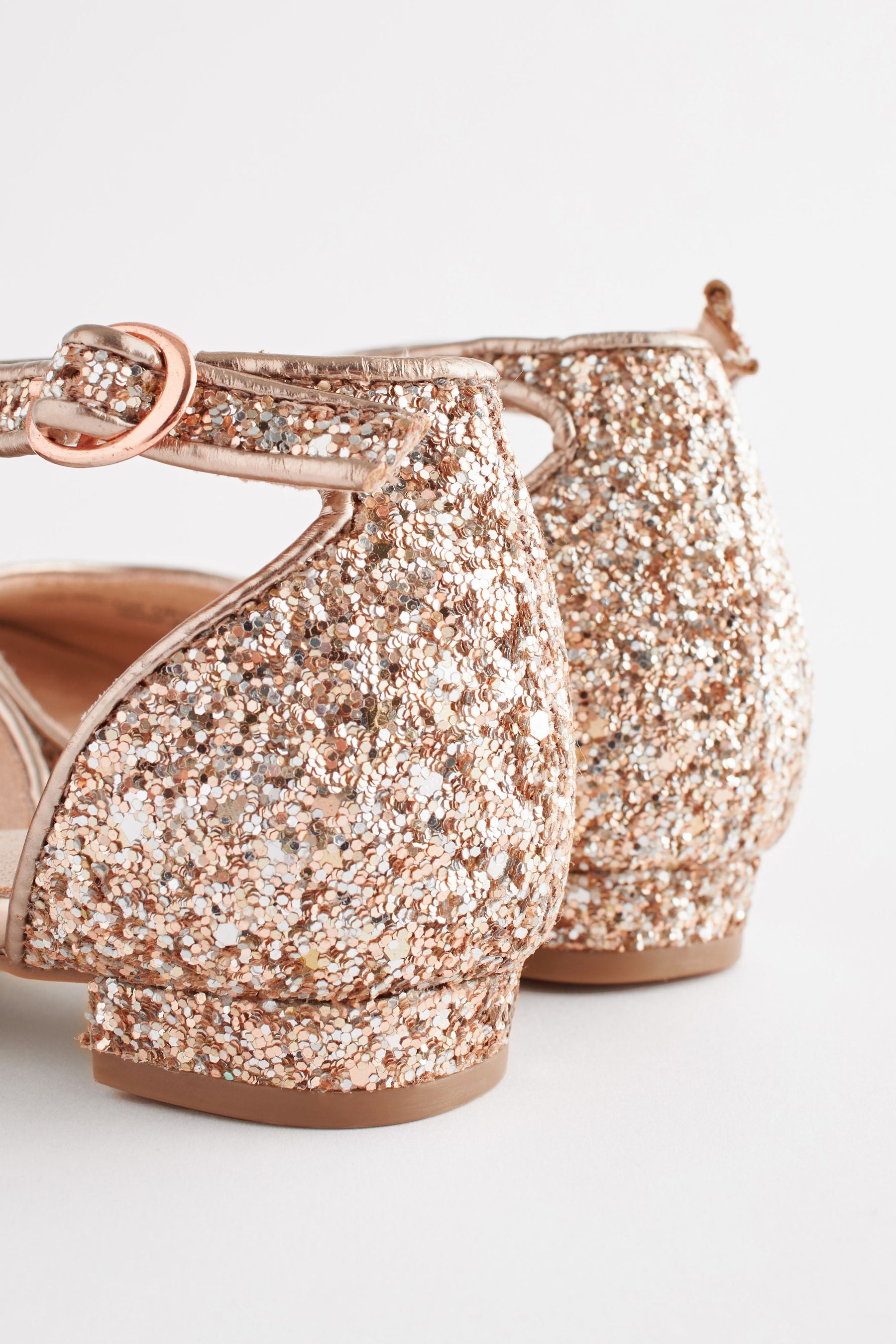 Rose Gold Glitter Occasion Ankle Strap Low Heel Shoes