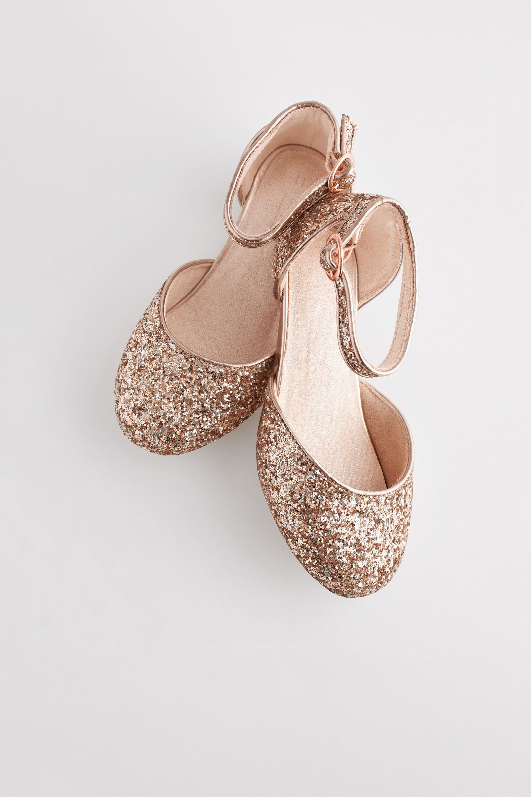 Rose Gold Glitter Occasion Ankle Strap Low Heel Shoes