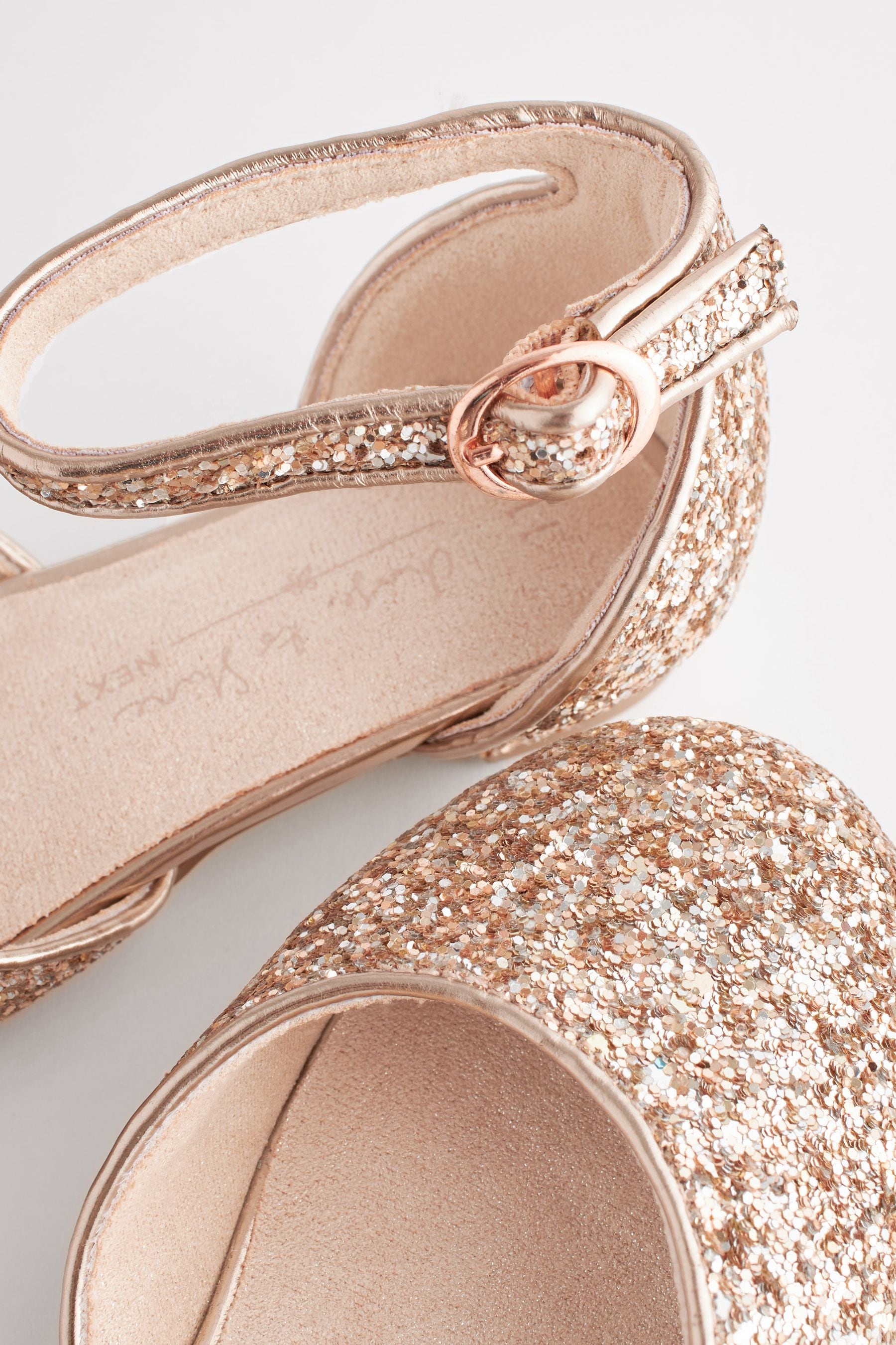 Rose Gold Glitter Occasion Ankle Strap Low Heel Shoes