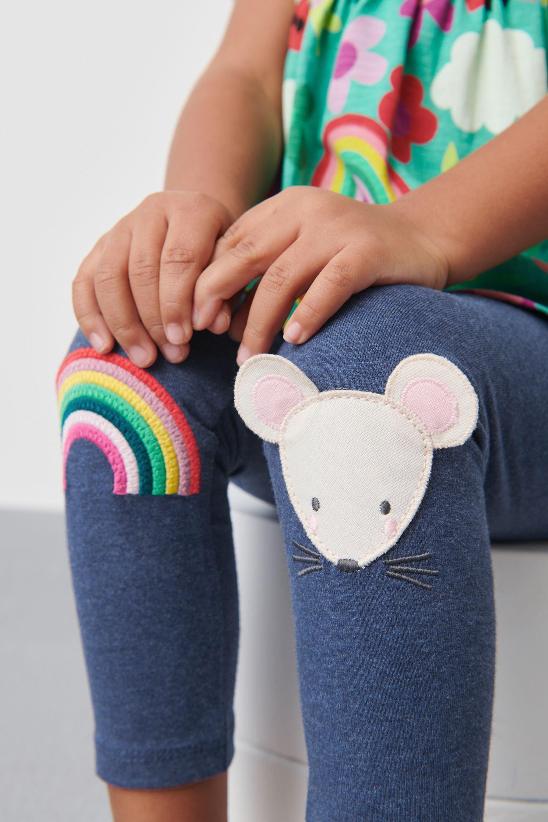 Blue Denim Rainbow Mouse Embroidered Leggings (3mths-7yrs)