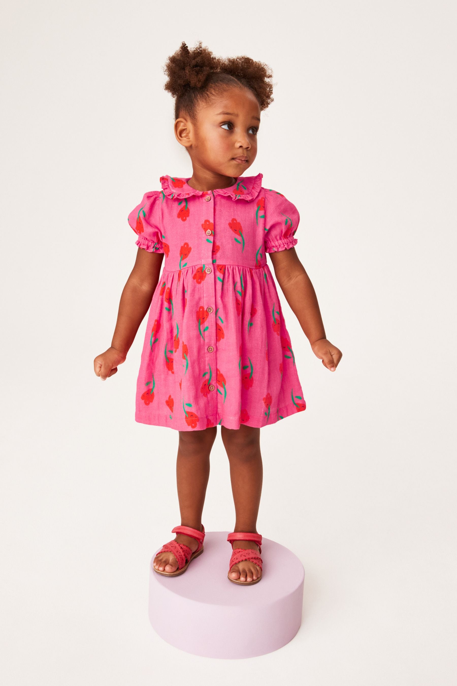 Pink Frill Collar Button Through Short Sleeve Woven Dress (3mths-7yrs)