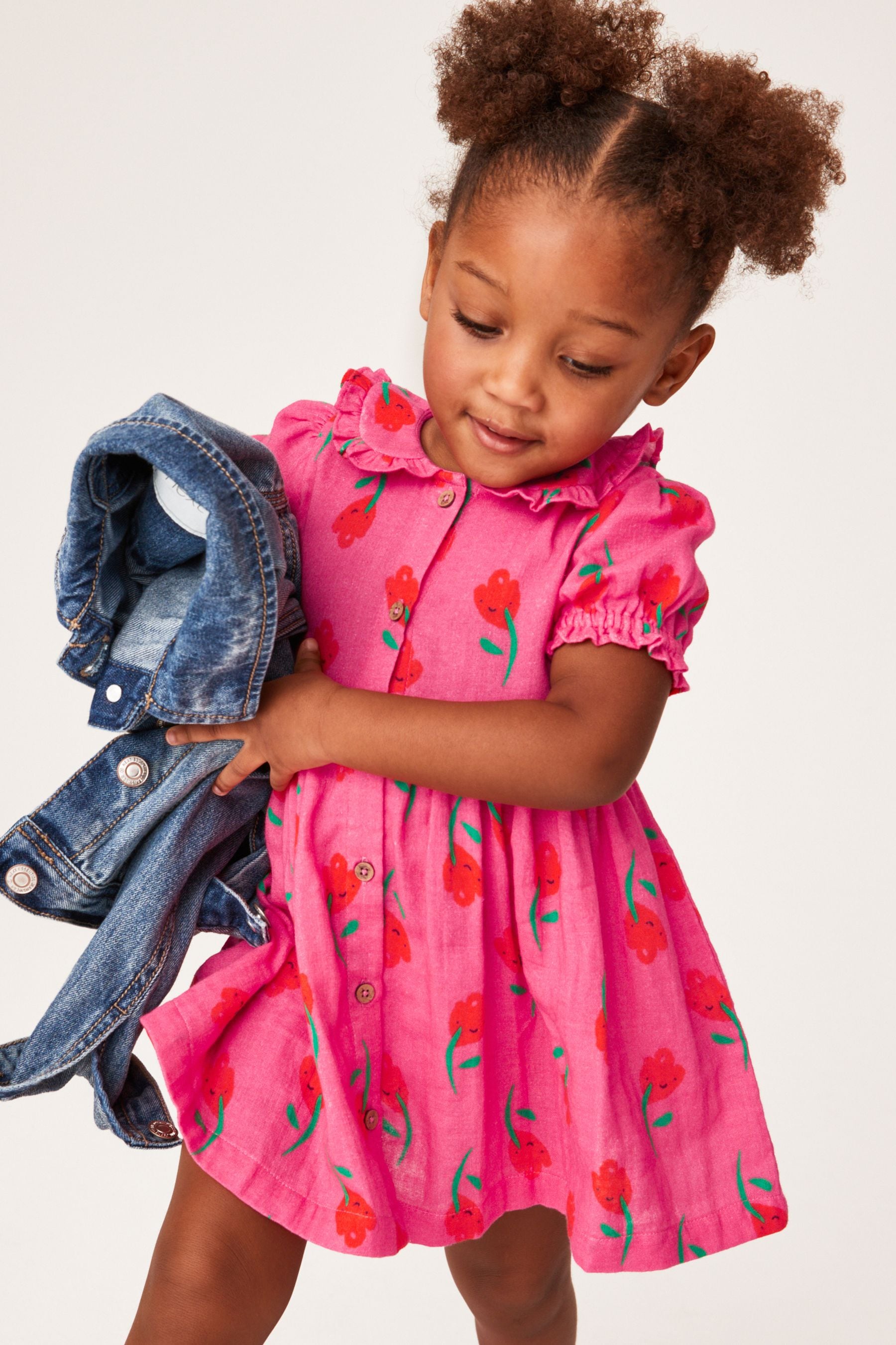 Pink Frill Collar Button Through Short Sleeve Woven Dress (3mths-7yrs)