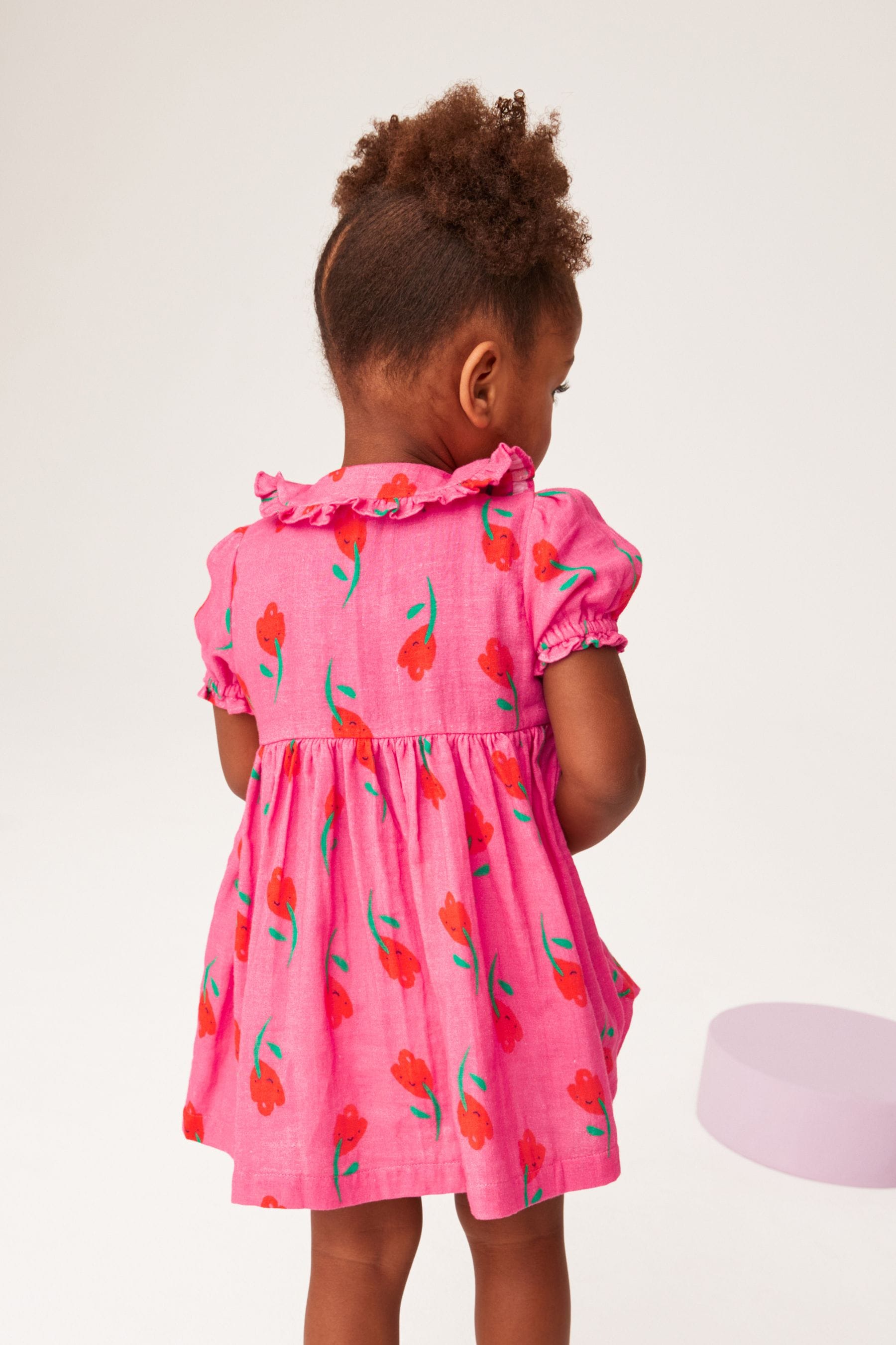 Pink Frill Collar Button Through Short Sleeve Woven Dress (3mths-7yrs)